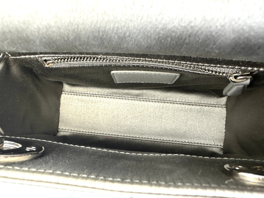 Christian Dior Lady Dior Crystal Embellished Grey Satin Cannage Leather Handle Bag With Silver Charms DR444