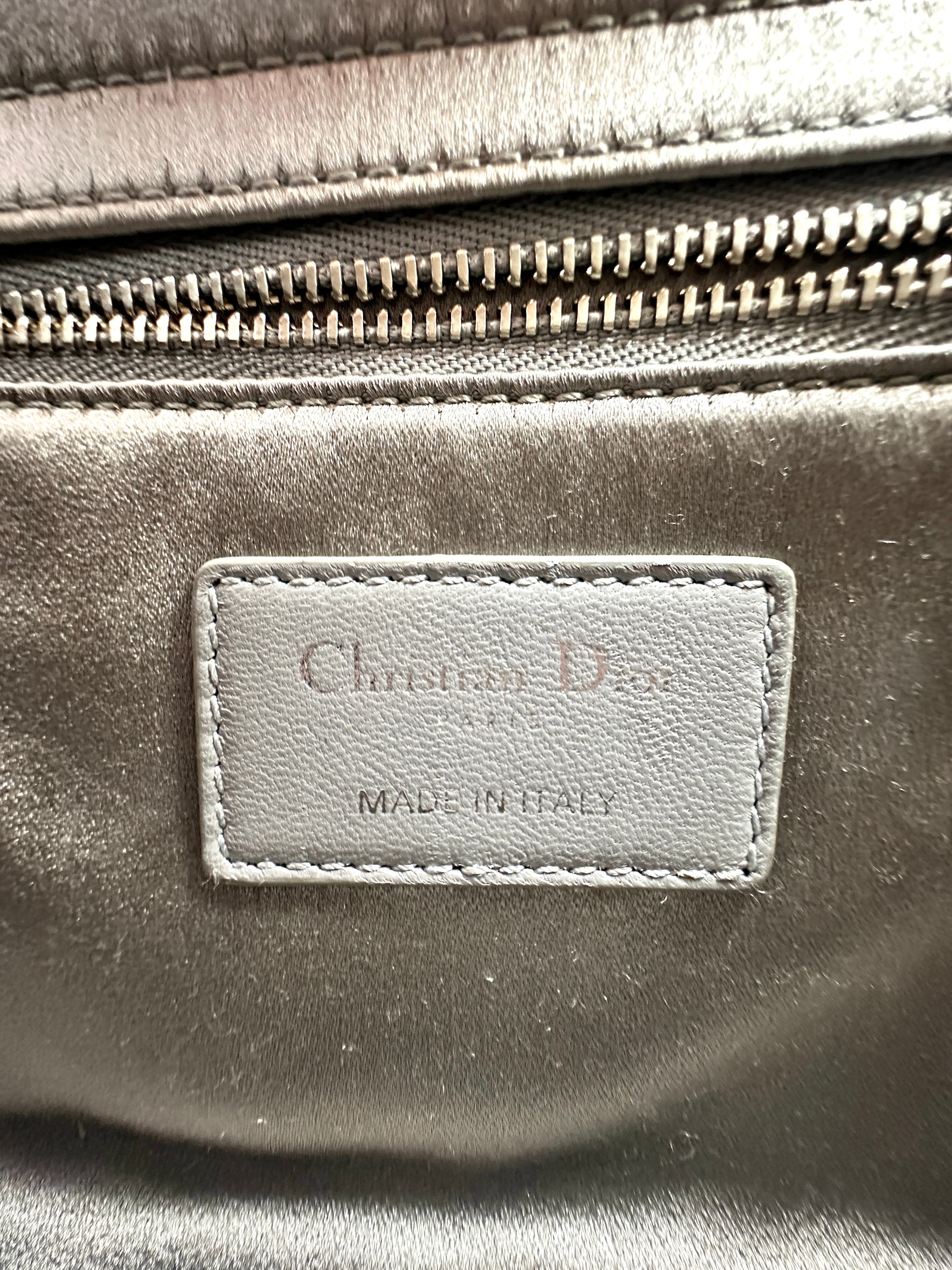 Christian Dior Lady Dior Crystal Embellished Grey Satin Cannage Leather Handle Bag With Silver Charms DR444