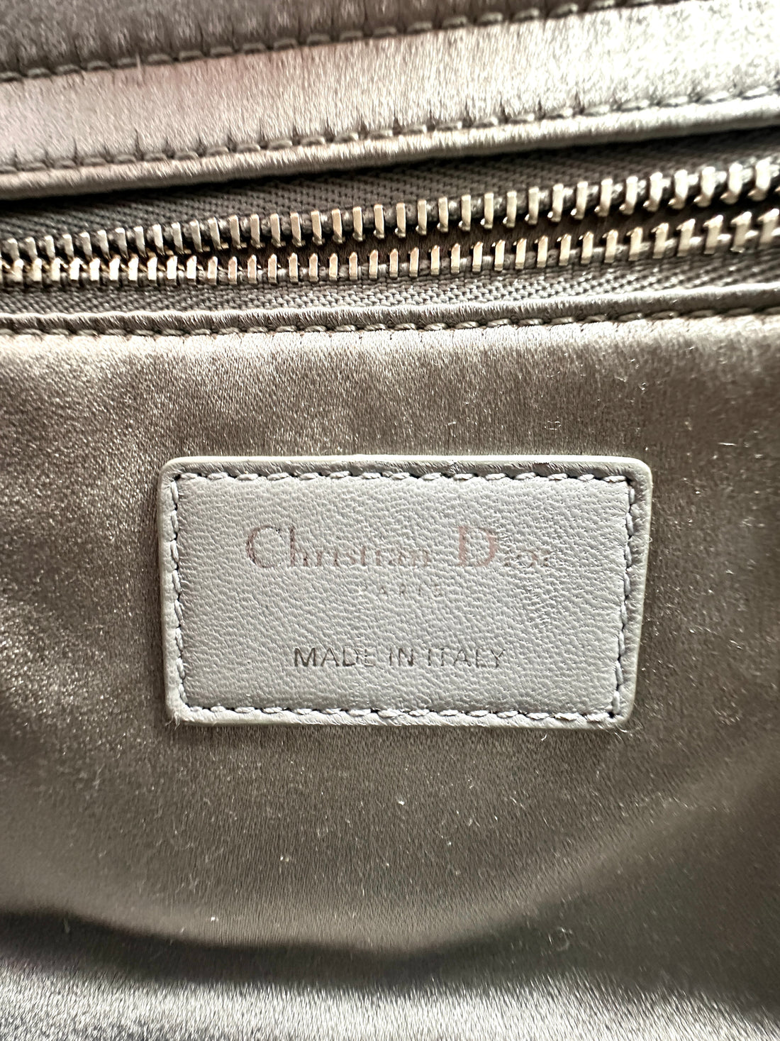 Christian Dior Lady Dior Crystal Embellished Grey Satin Cannage Leather Handle Bag With Silver Charms DR444
