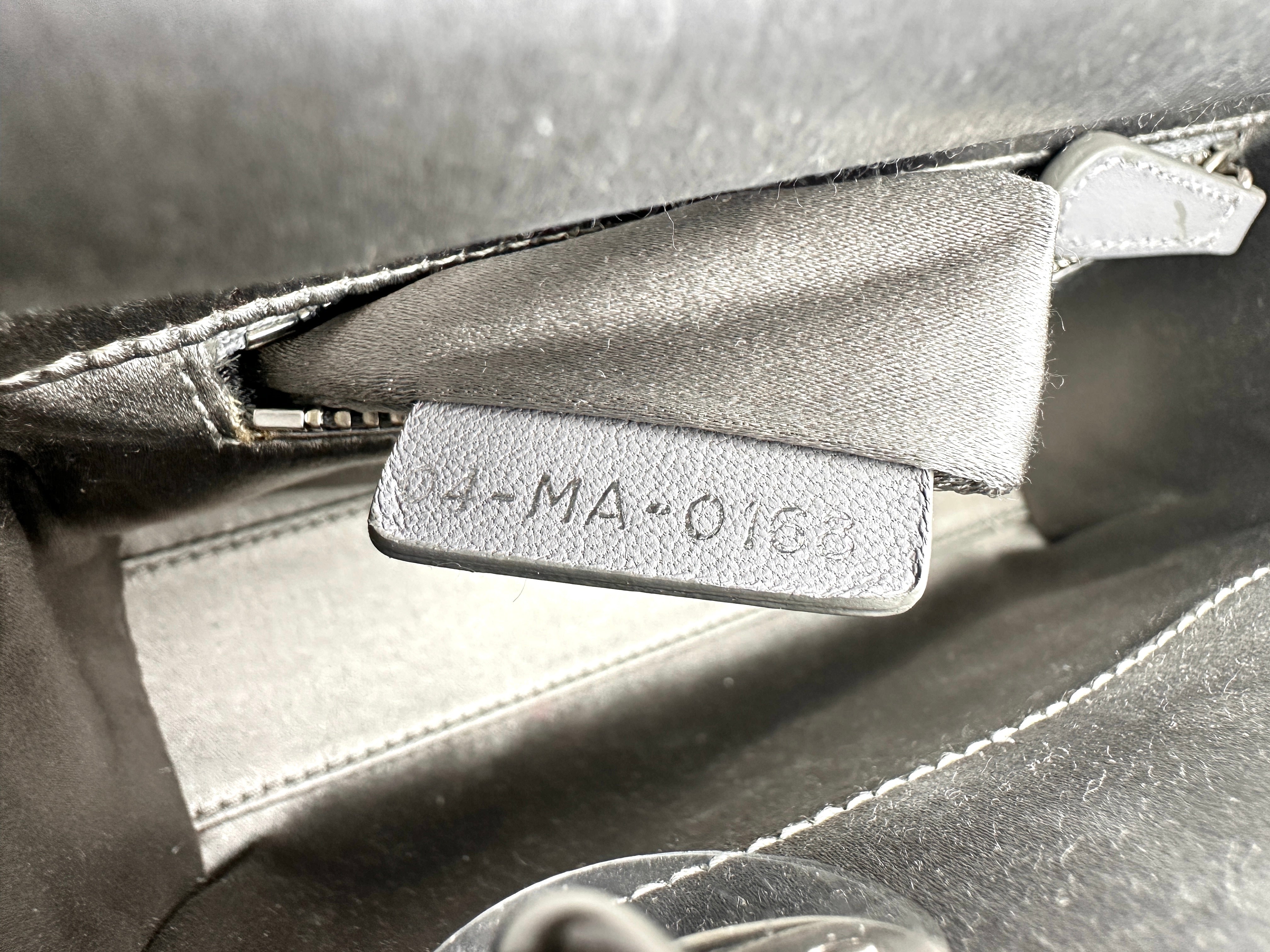 Christian Dior Lady Dior Crystal Embellished Grey Satin Cannage Leather Handle Bag With Silver Charms DR444