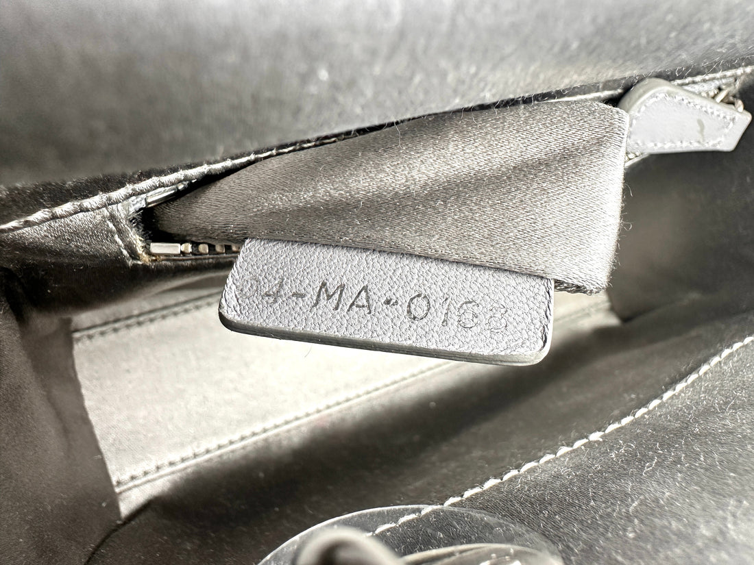 Christian Dior Lady Dior Crystal Embellished Grey Satin Cannage Leather Handle Bag With Silver Charms DR444