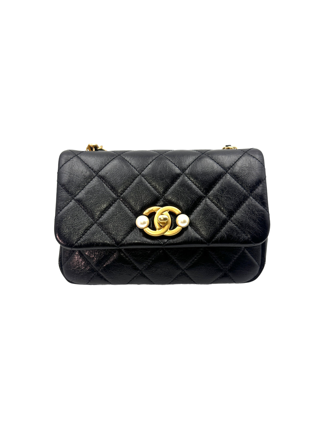Chanel Cruise 2022 Black Quilted Leather Pearls Chain Shoulder Bag(A9***A3) CC1261