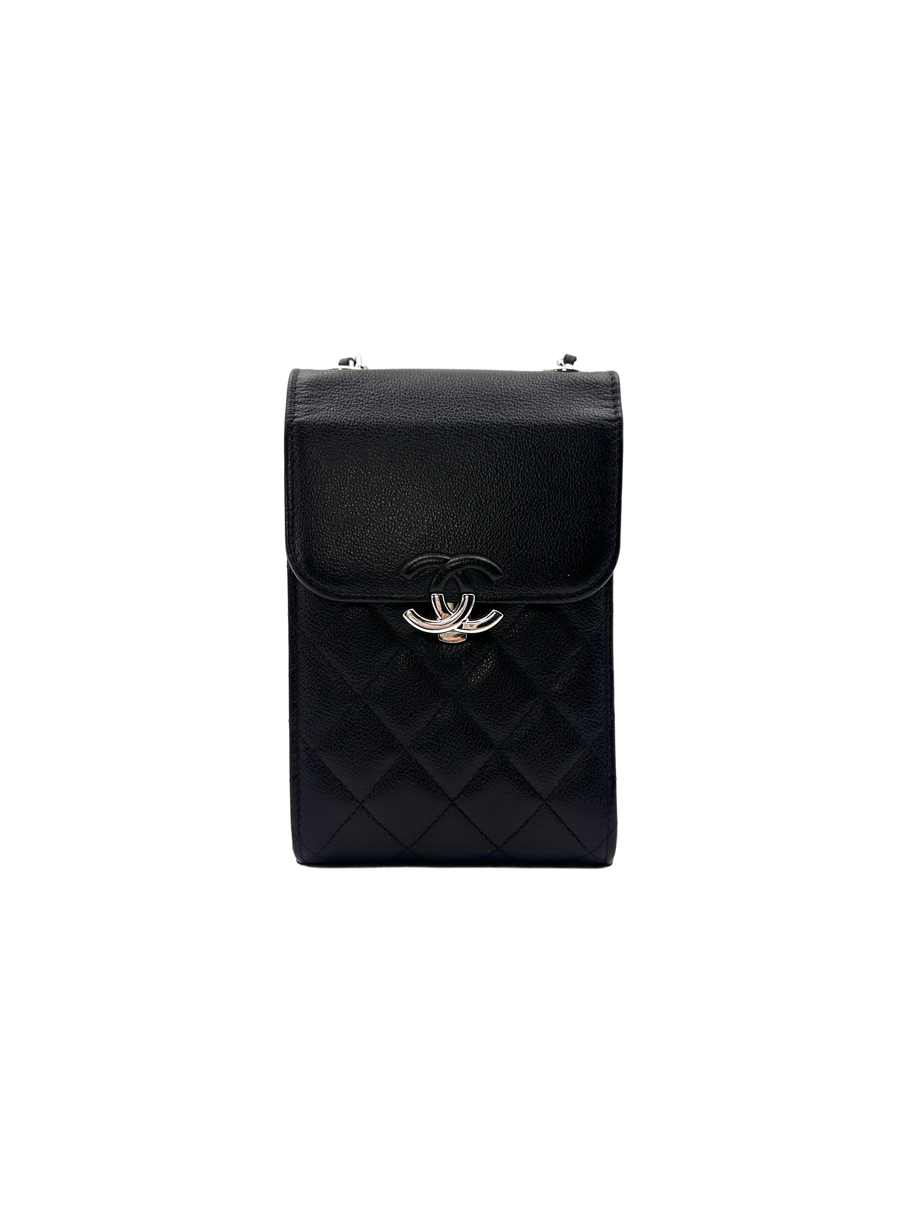 Chanel CC Box Flap Phone Holder Black Caviar Leather Crossbody Bag With Black/Silver Logo(27***57) CC1259