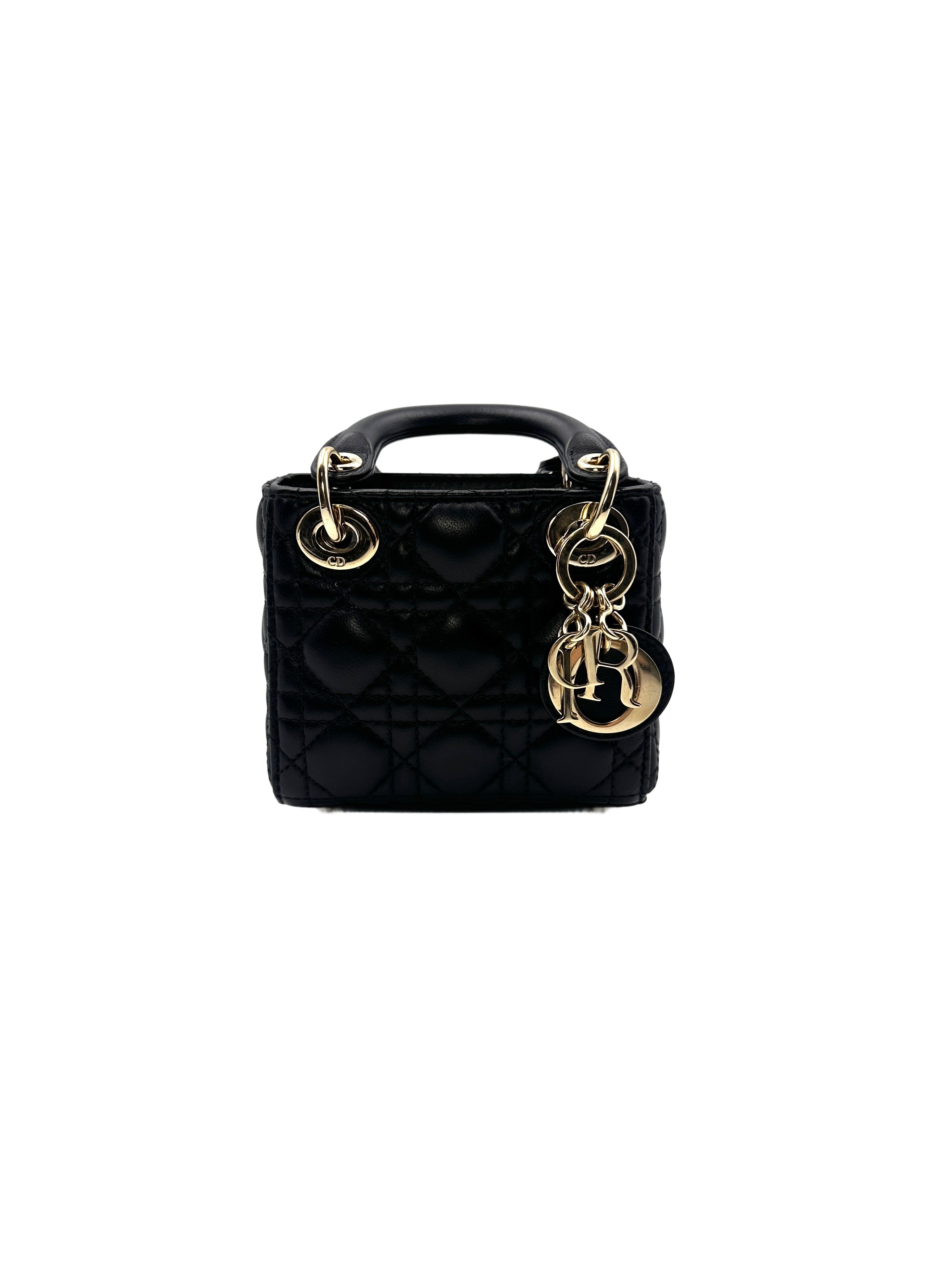 Christian Dior Lady Dior Black Cannage Leather Handle Bag With Gold Charms DR446