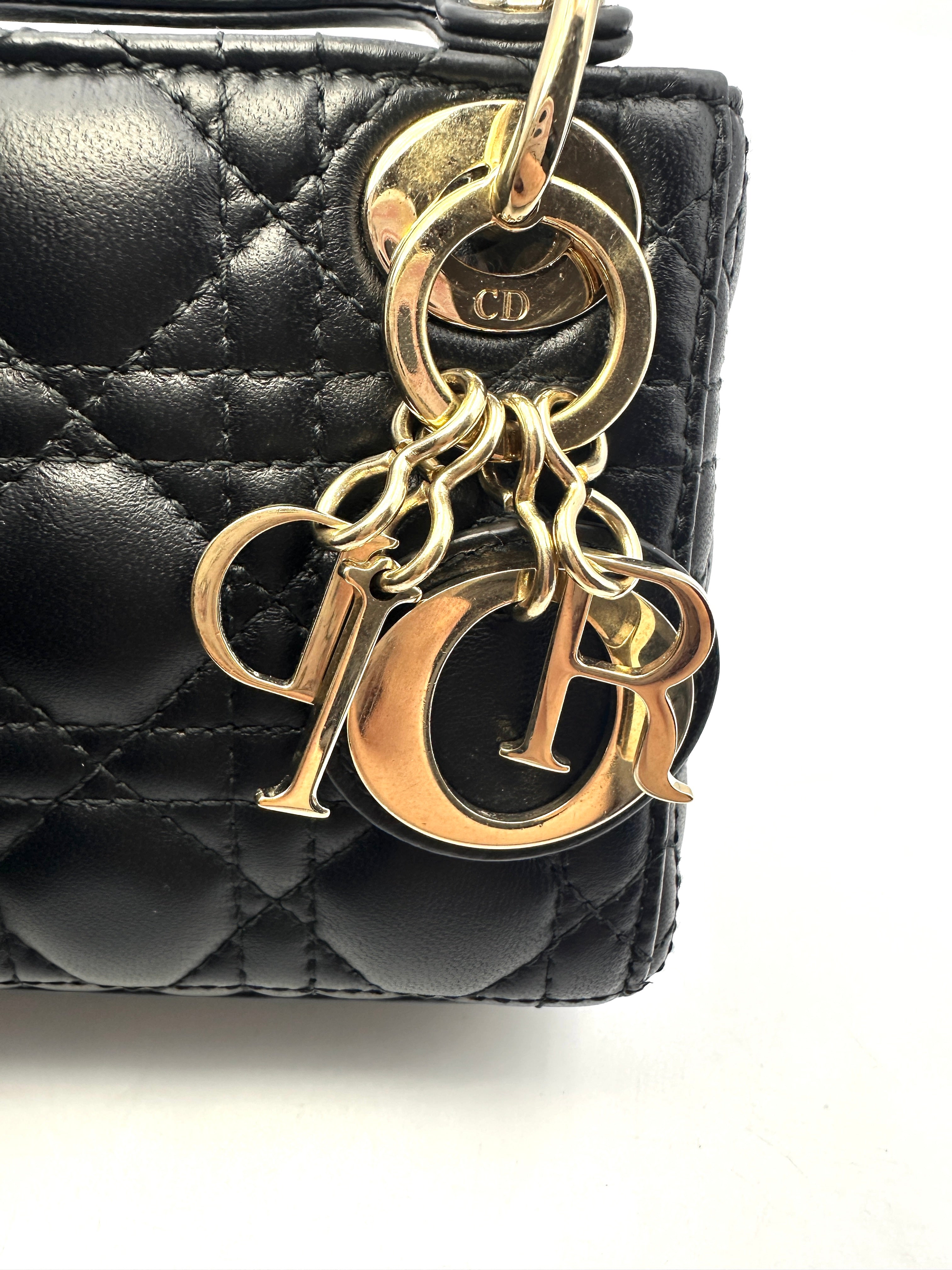 Christian Dior Lady Dior Black Cannage Leather Handle Bag With Gold Charms DR446