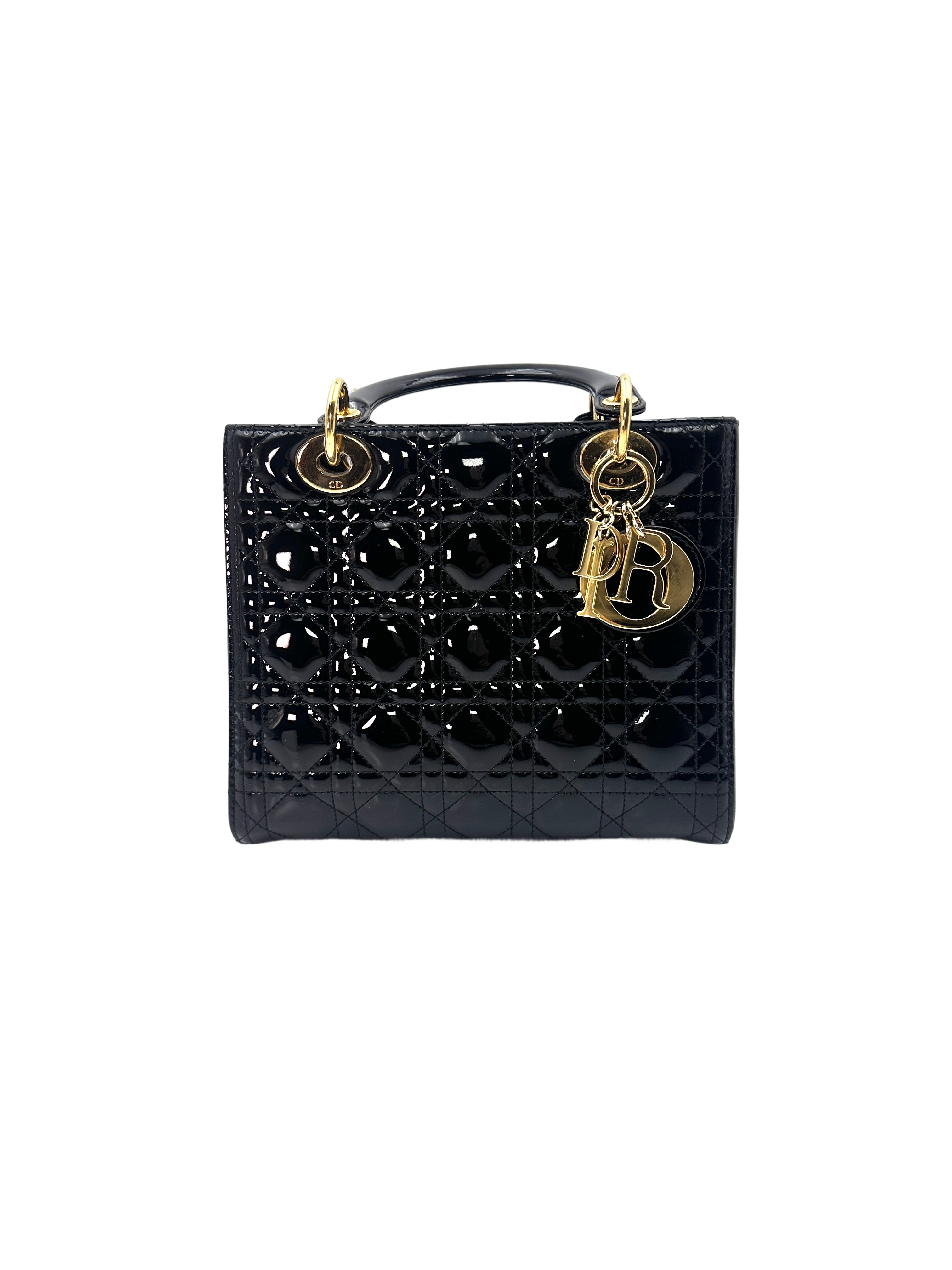 Christian Dior Lady Dior Black Patent Cannage Leather Handle Bag With Gold Charms DR447