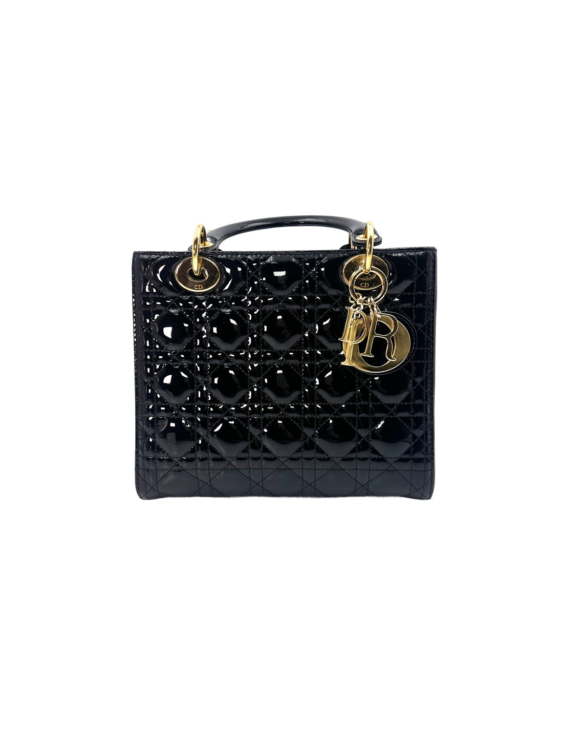 Christian Dior Lady Dior Black Patent Cannage Leather Handle Bag With Gold Charms DR447