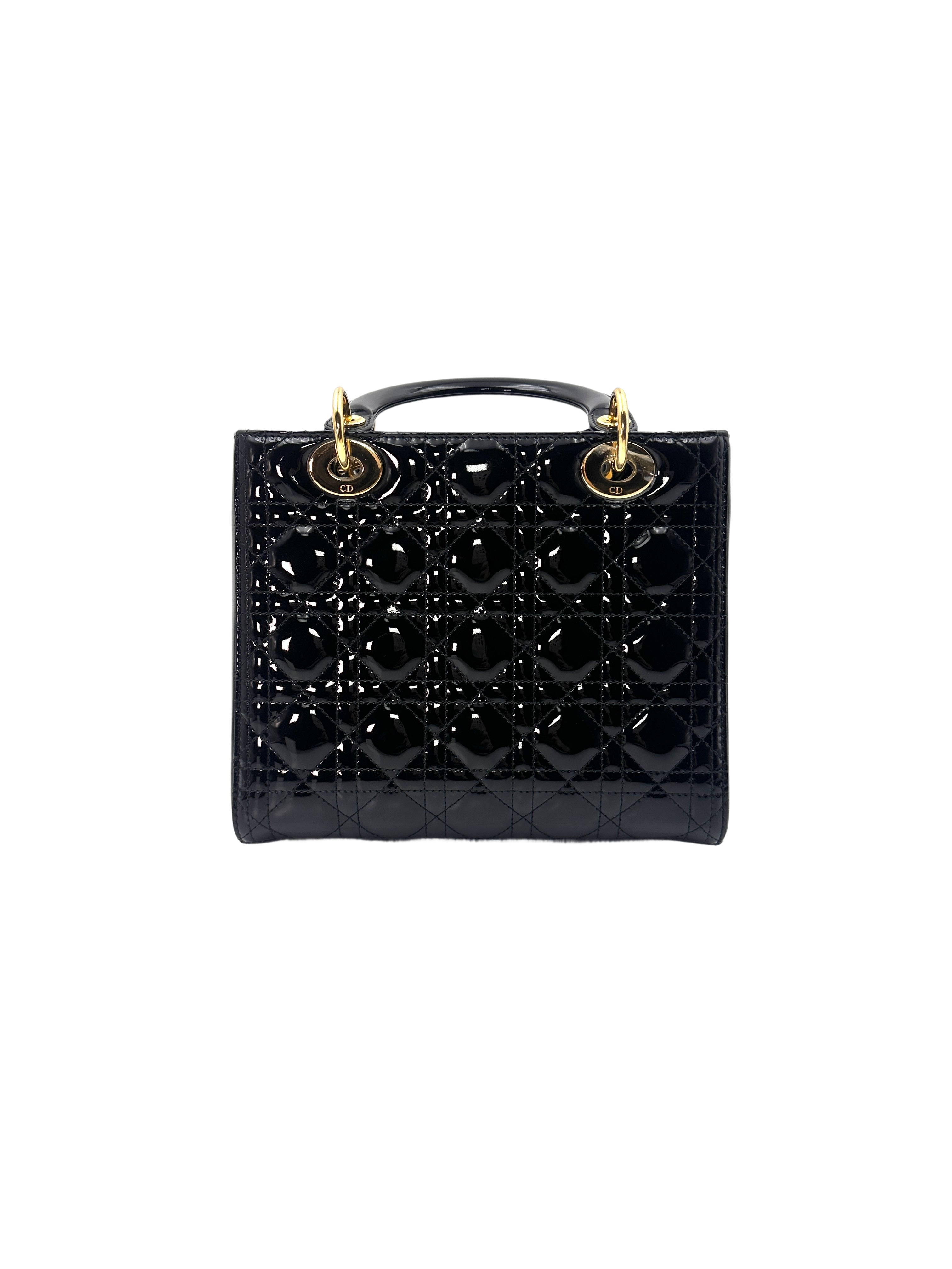 Christian Dior Lady Dior Black Patent Cannage Leather Handle Bag With Gold Charms DR447