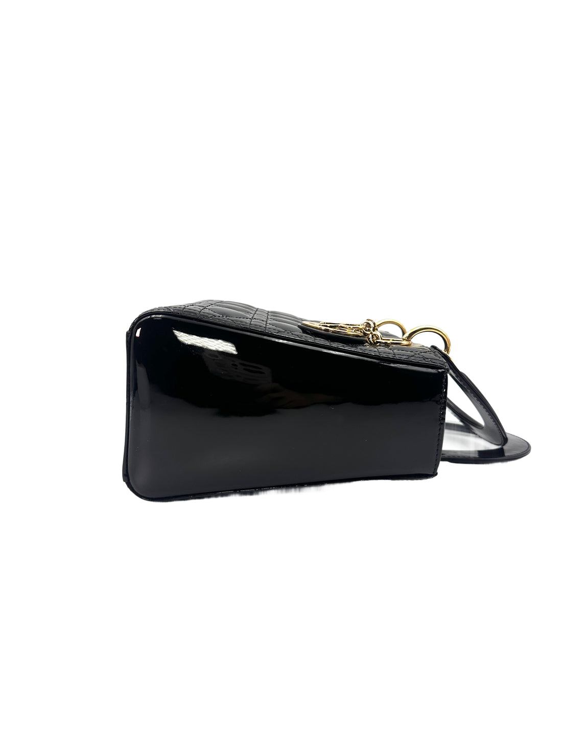 Christian Dior Lady Dior Black Patent Cannage Leather Handle Bag With Gold Charms DR447