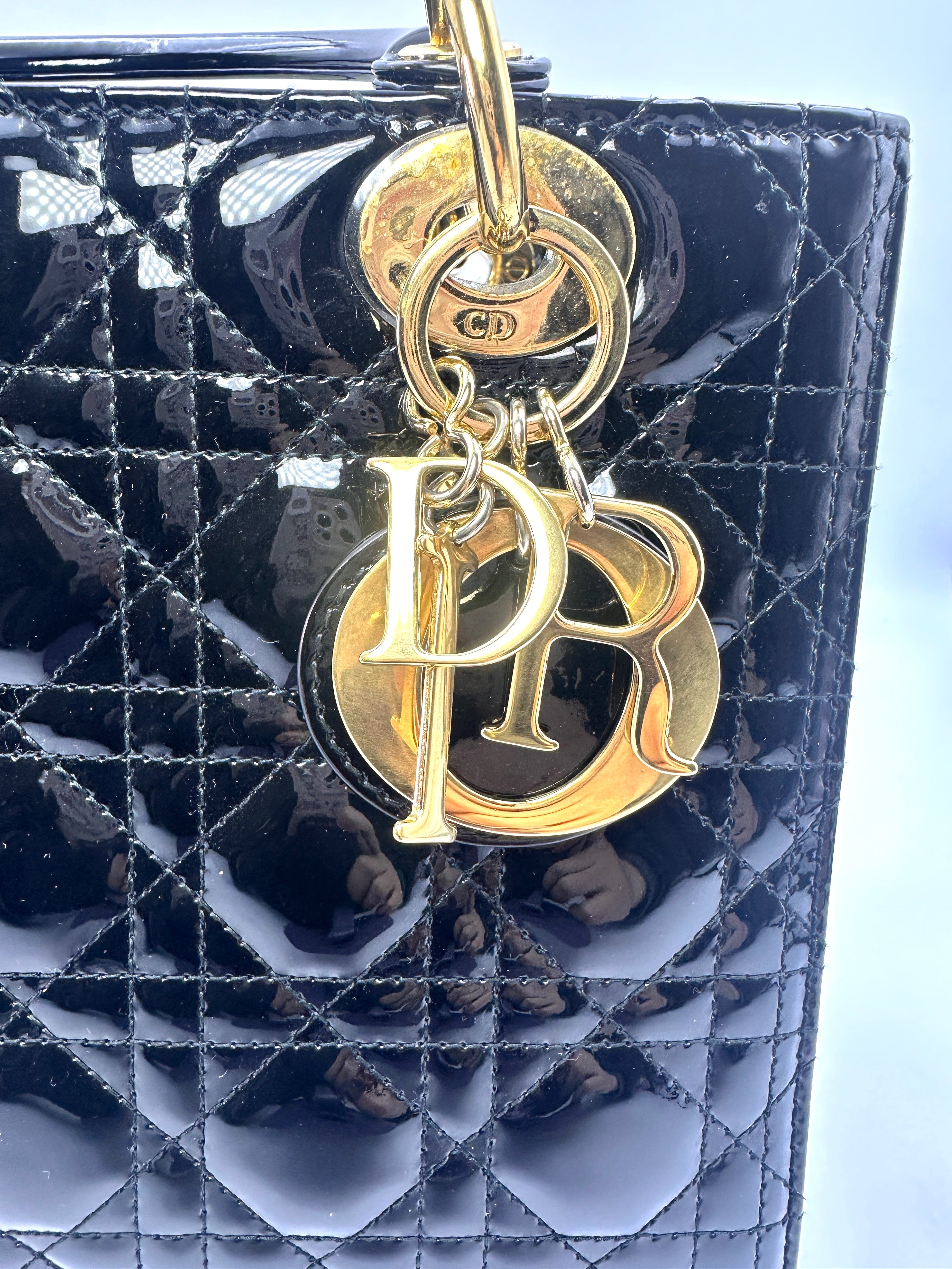 Christian Dior Lady Dior Black Patent Cannage Leather Handle Bag With Gold Charms DR447