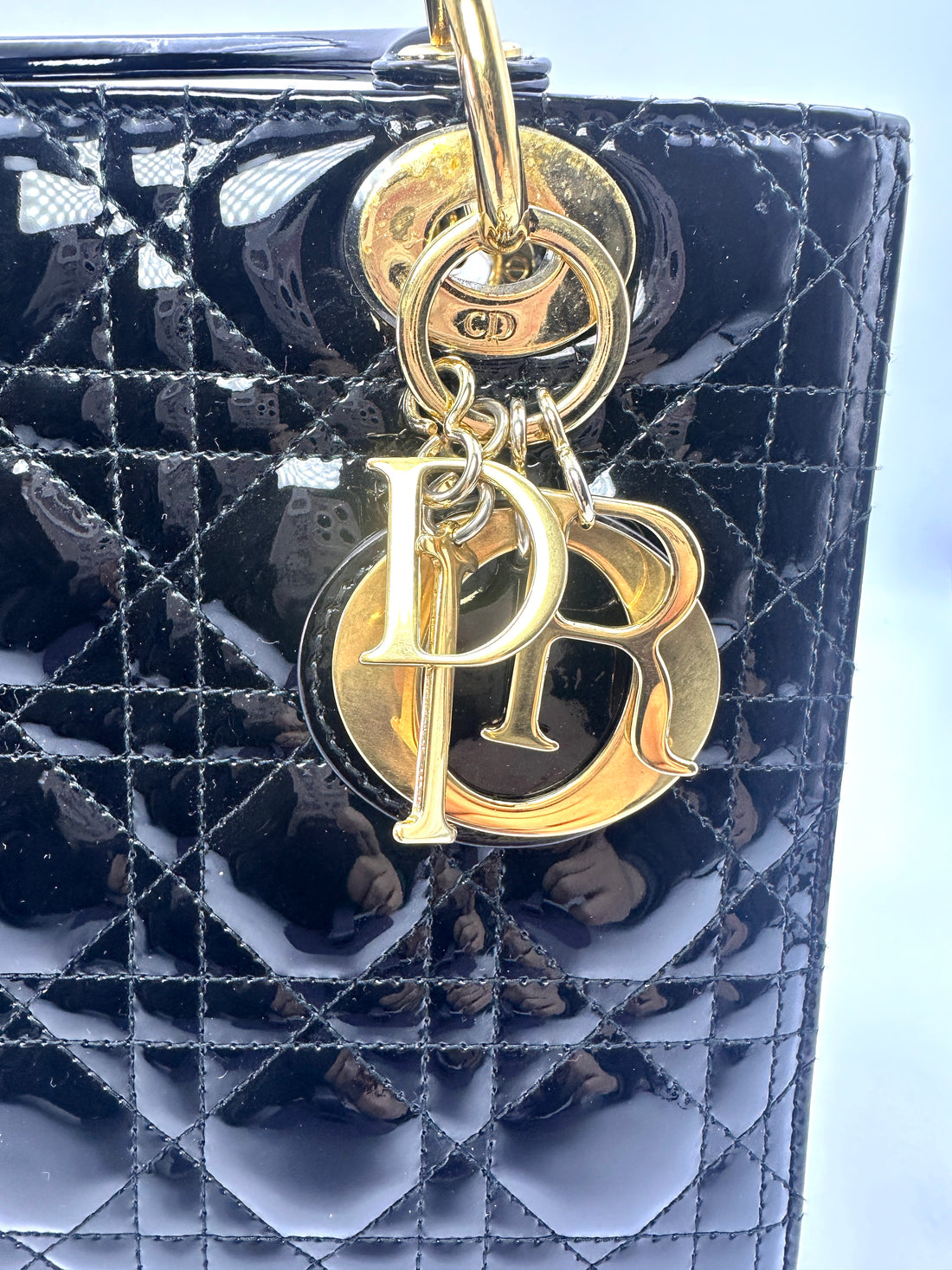 Christian Dior Lady Dior Black Patent Cannage Leather Handle Bag With Gold Charms DR447