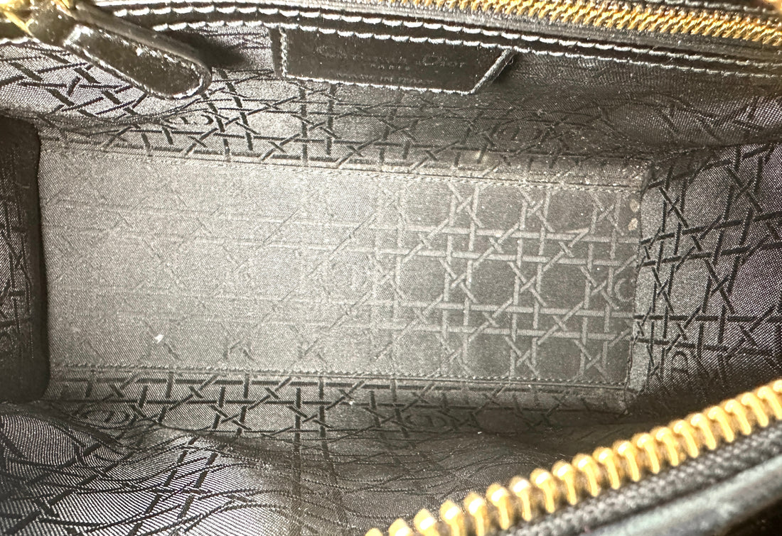 Christian Dior Lady Dior Black Patent Cannage Leather Handle Bag With Gold Charms DR447