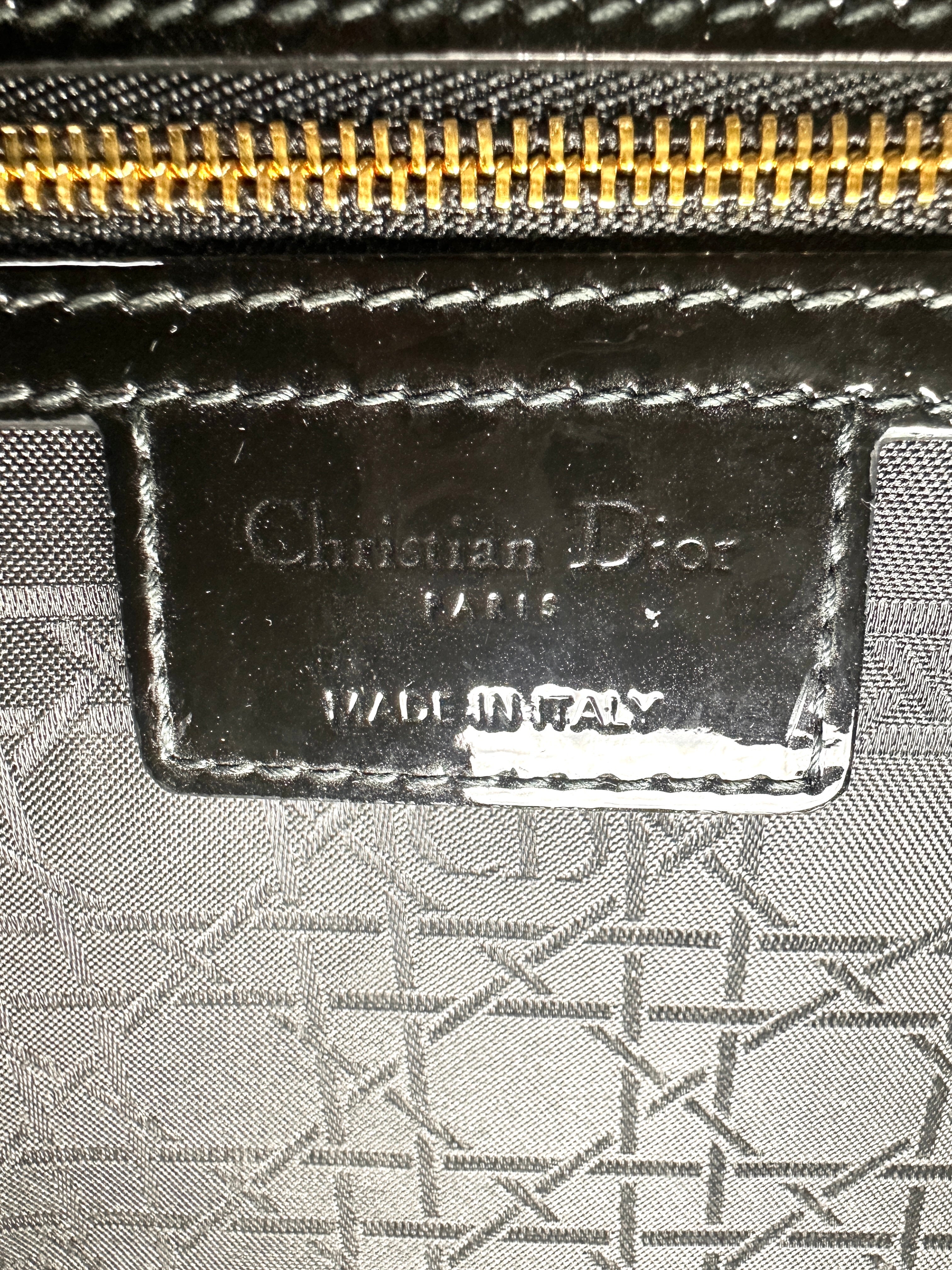 Christian Dior Lady Dior Black Patent Cannage Leather Handle Bag With Gold Charms DR447