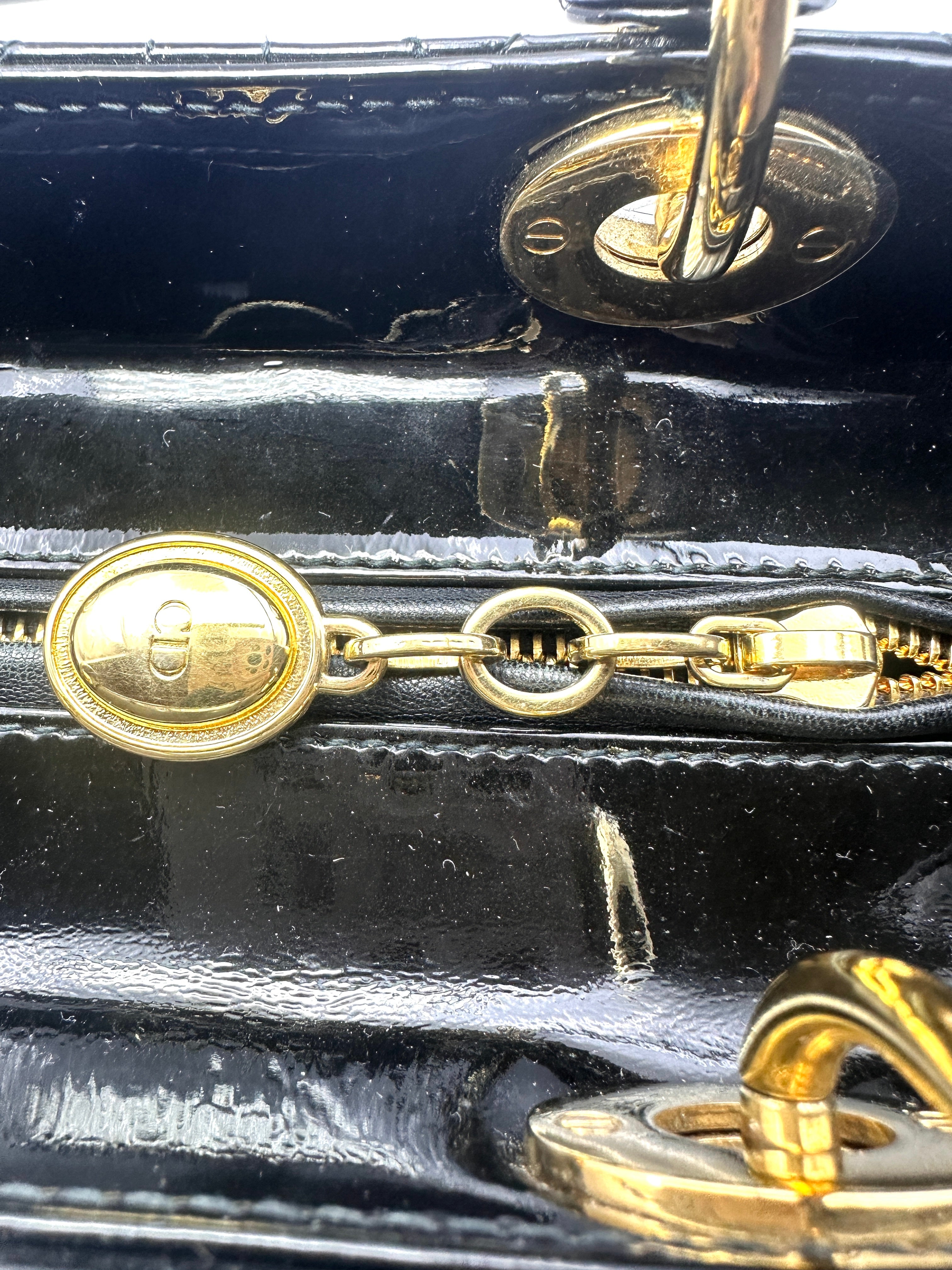 Christian Dior Lady Dior Black Patent Cannage Leather Handle Bag With Gold Charms DR447