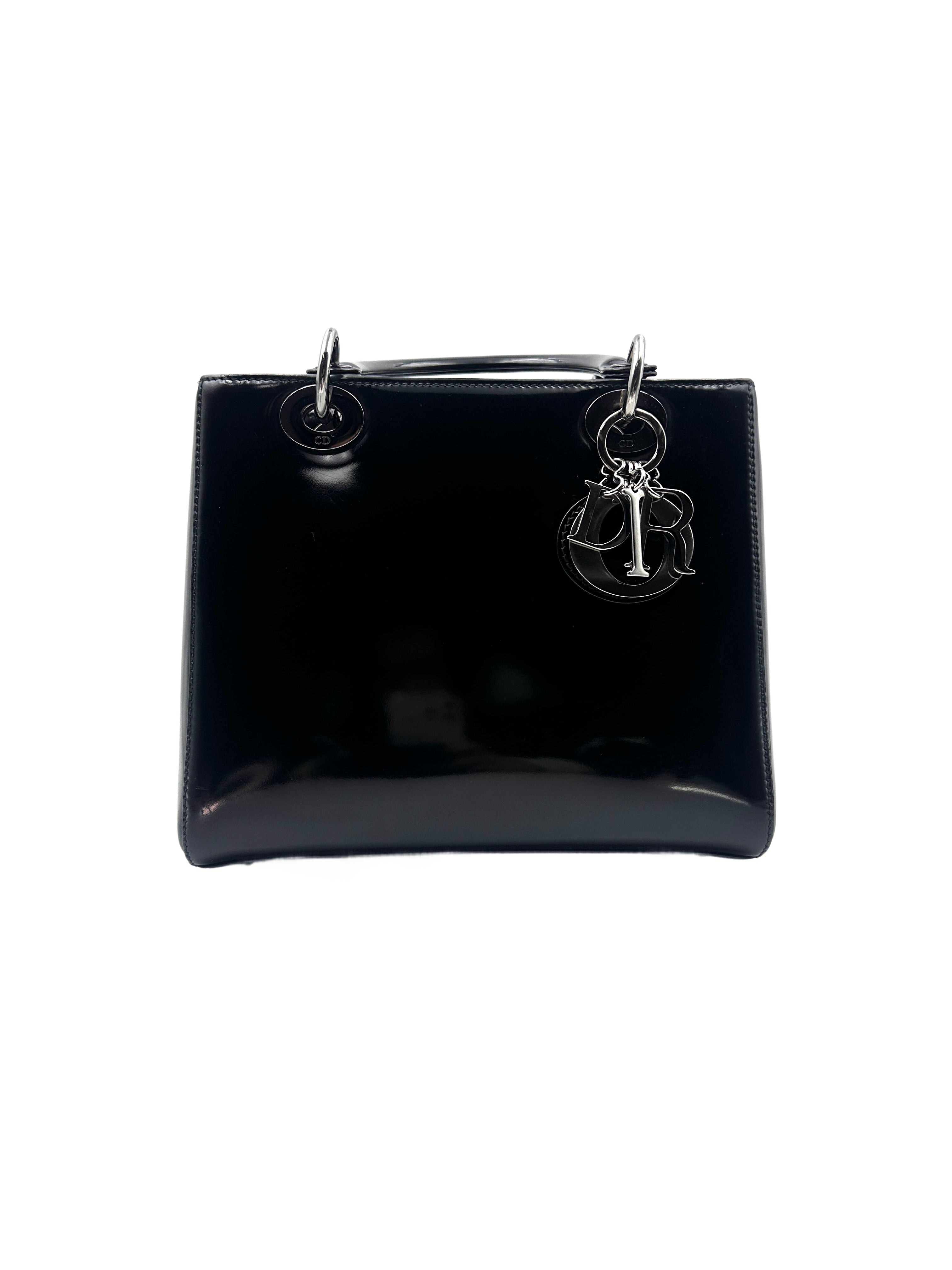 Christian Dior Lady Dior Black Patent Cannage Leather Handle Bag With Sliver Charms DR449