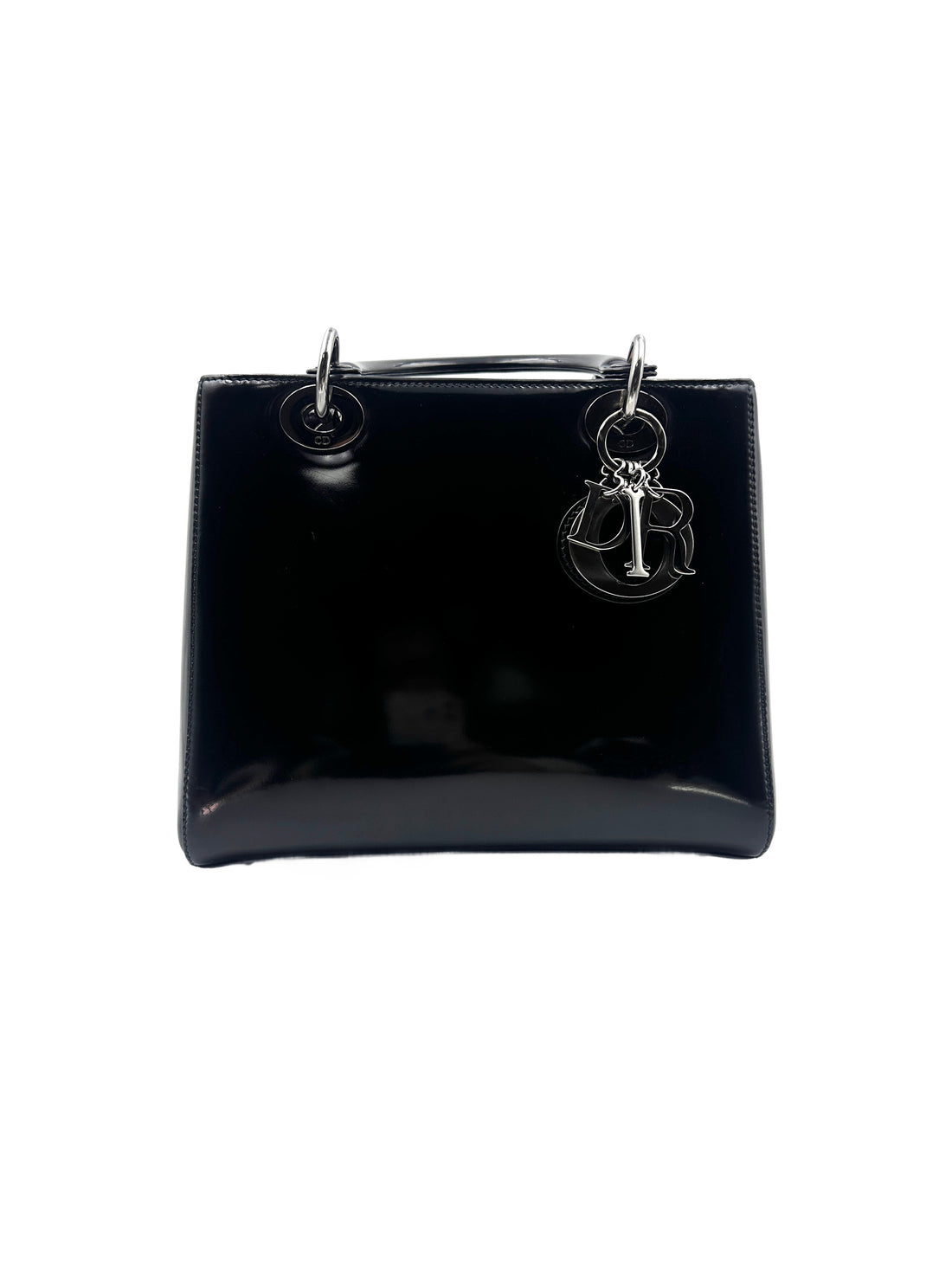 Christian Dior Lady Dior Black Patent Cannage Leather Handle Bag With Sliver Charms DR449