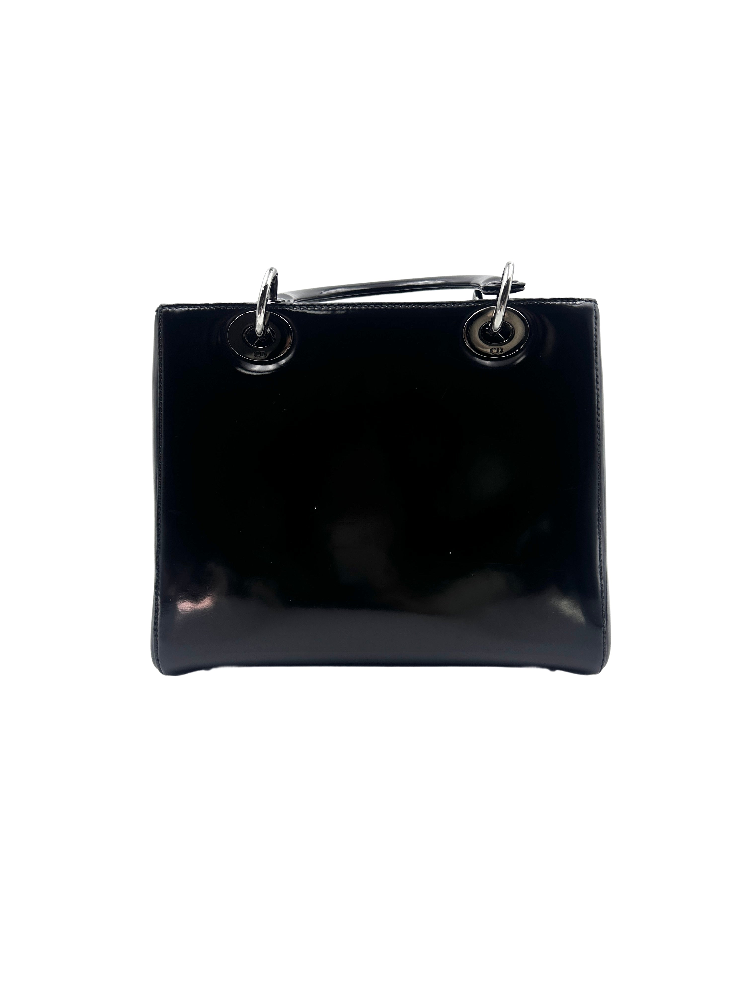 Christian Dior Lady Dior Black Patent Cannage Leather Handle Bag With Sliver Charms DR449
