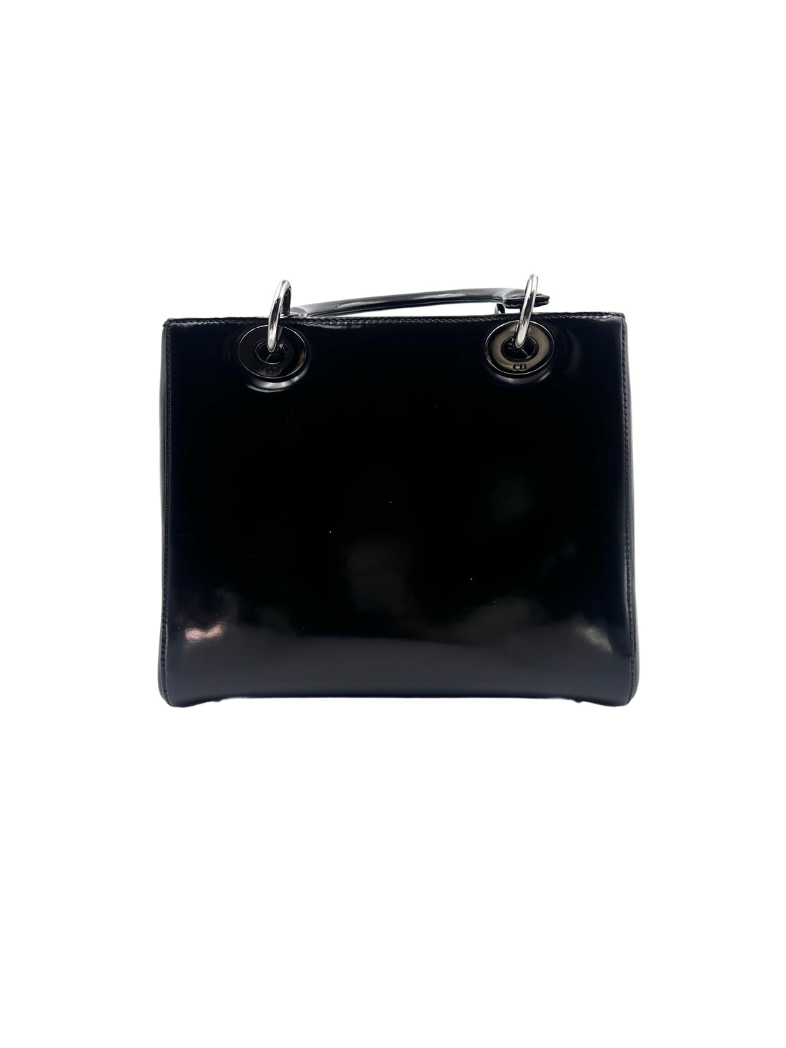 Christian Dior Lady Dior Black Patent Cannage Leather Handle Bag With Sliver Charms DR449