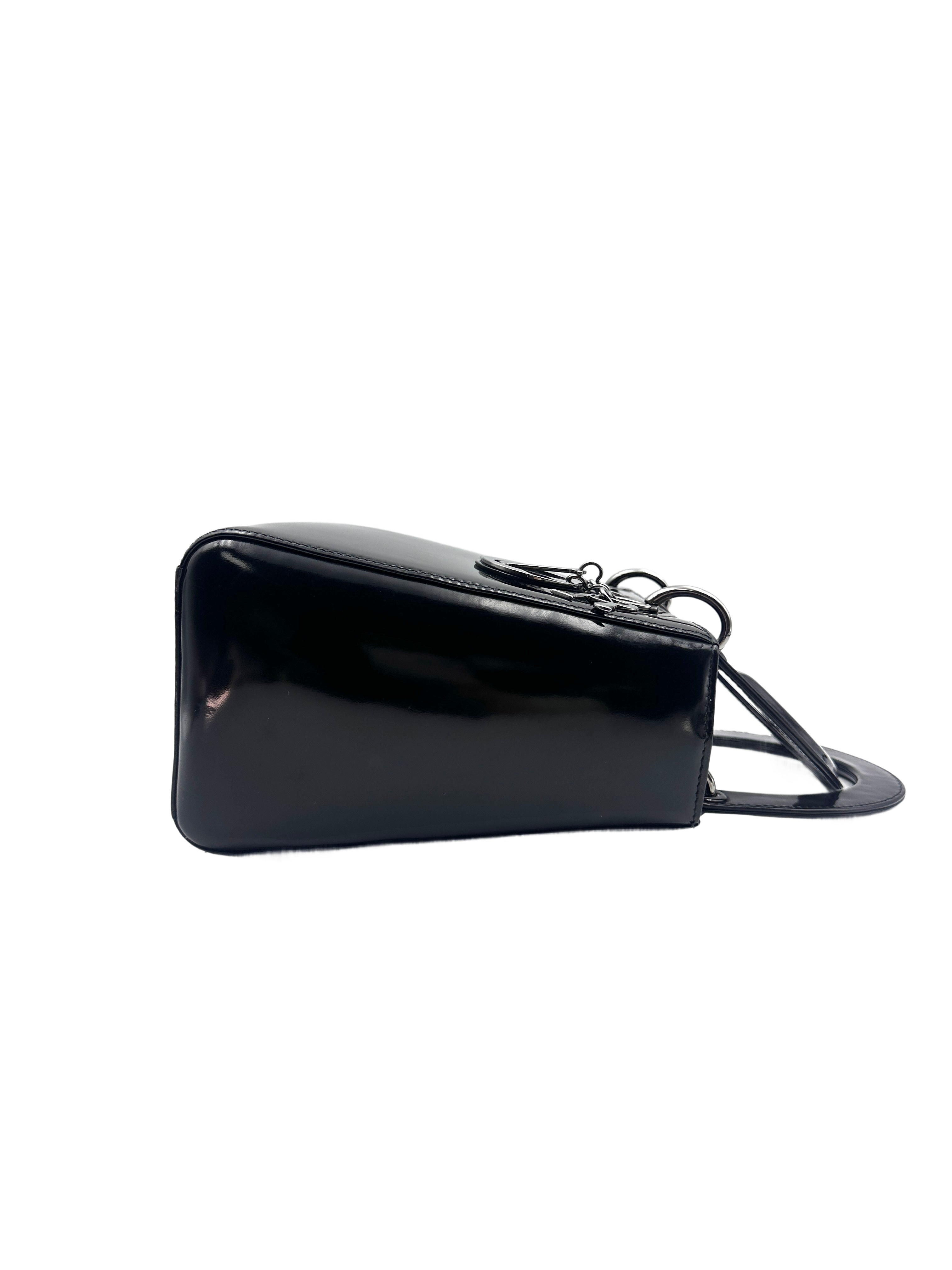 Christian Dior Lady Dior Black Patent Cannage Leather Handle Bag With Sliver Charms DR449