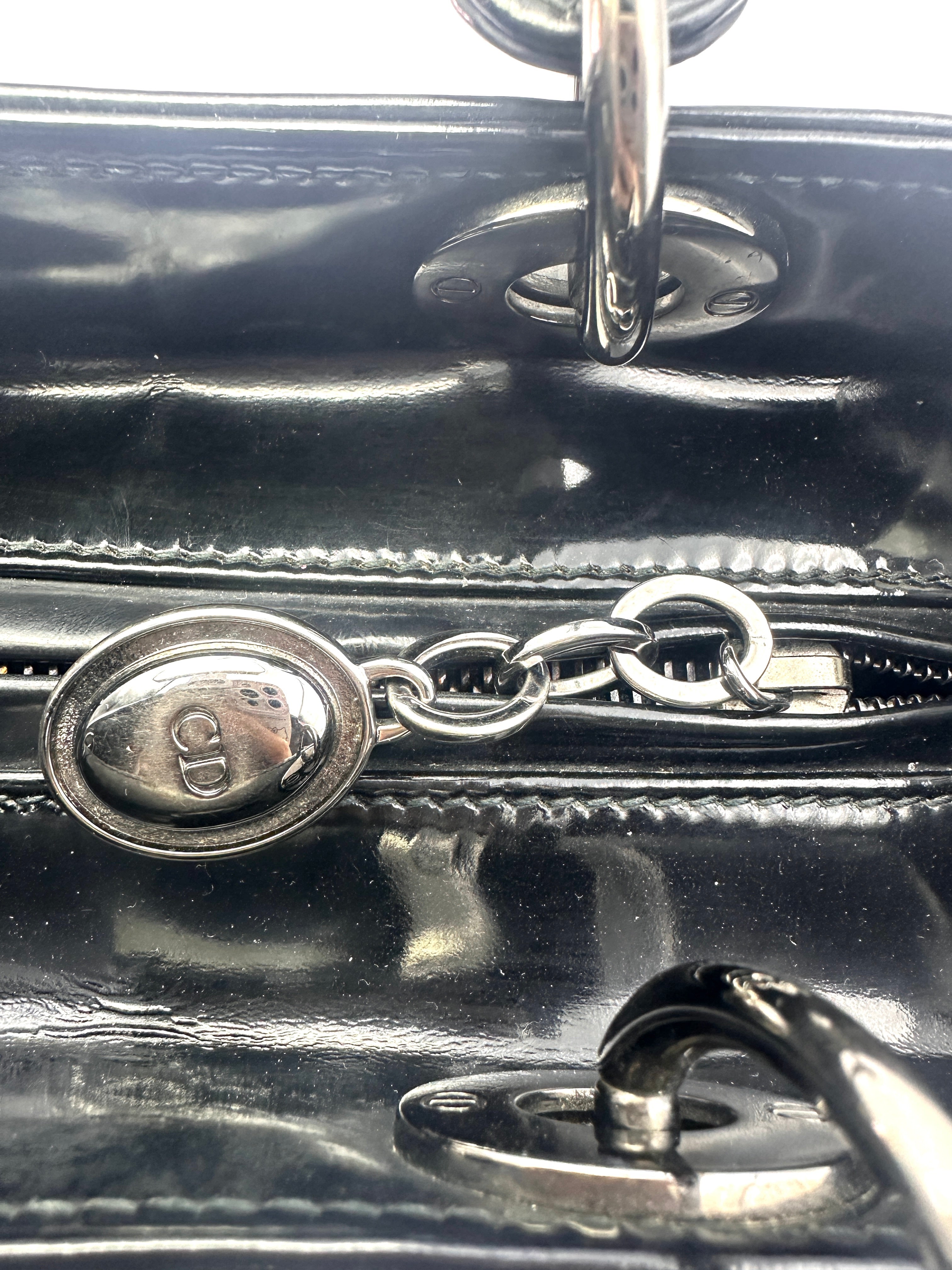 Christian Dior Lady Dior Black Patent Cannage Leather Handle Bag With Sliver Charms DR449