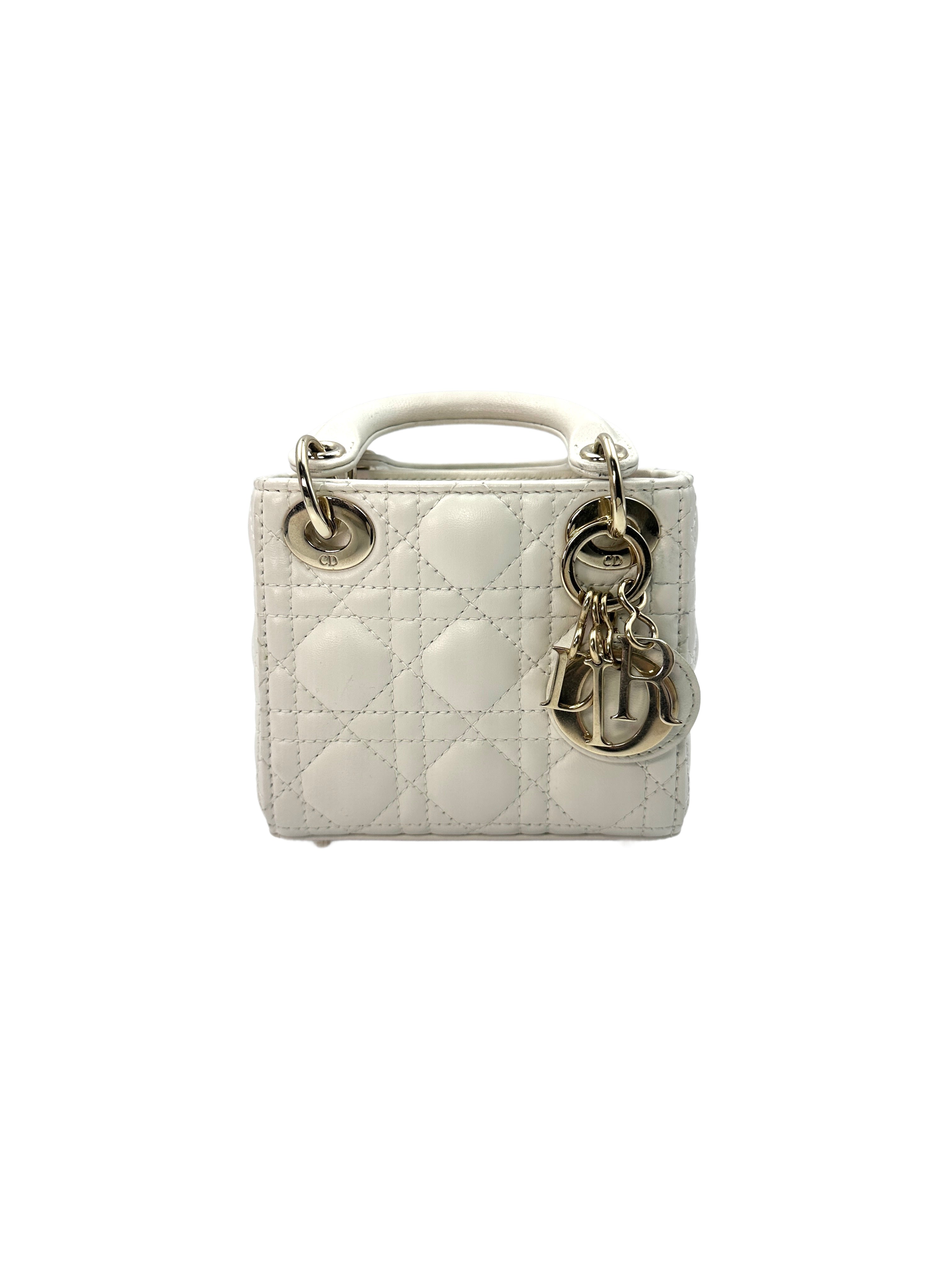 Christian Dior Lady Dior White Cannage Lambskin Leather Handle Bag With Gold Charms DR450