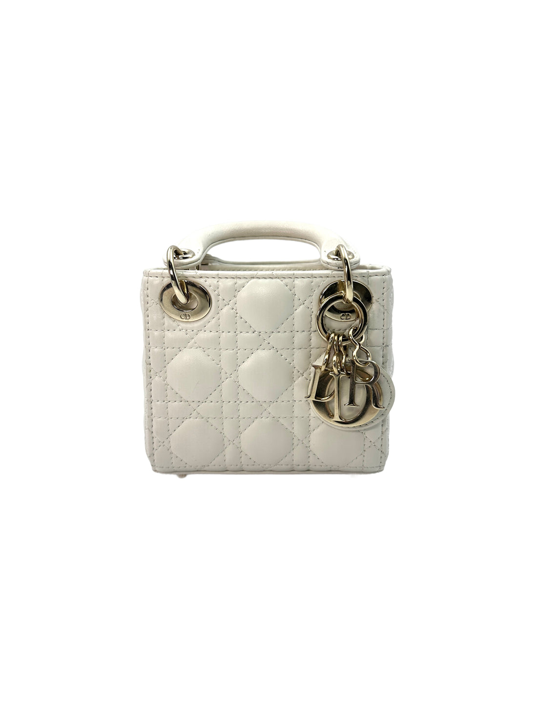 Christian Dior Lady Dior White Cannage Lambskin Leather Handle Bag With Gold Charms DR450