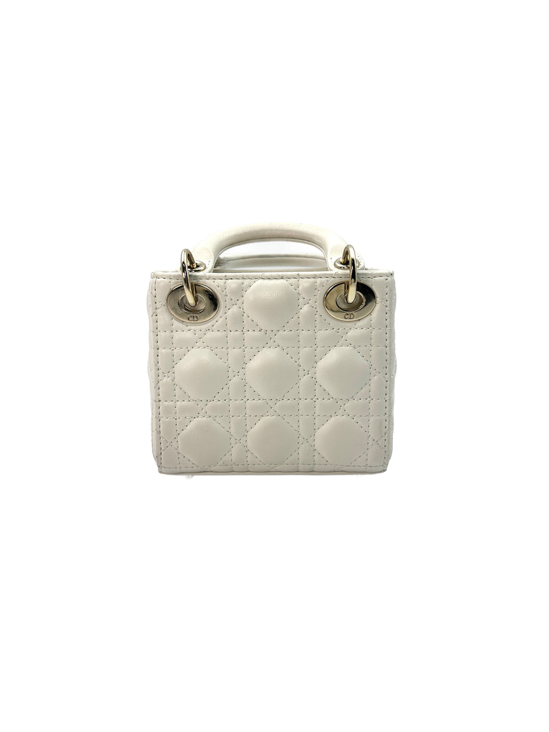 Christian Dior Lady Dior White Cannage Lambskin Leather Handle Bag With Gold Charms DR450