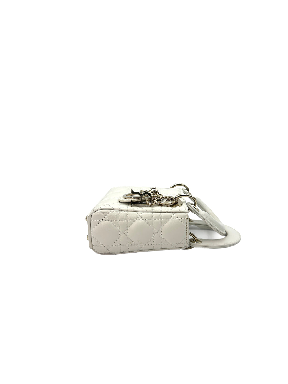 Christian Dior Lady Dior White Cannage Lambskin Leather Handle Bag With Gold Charms DR450