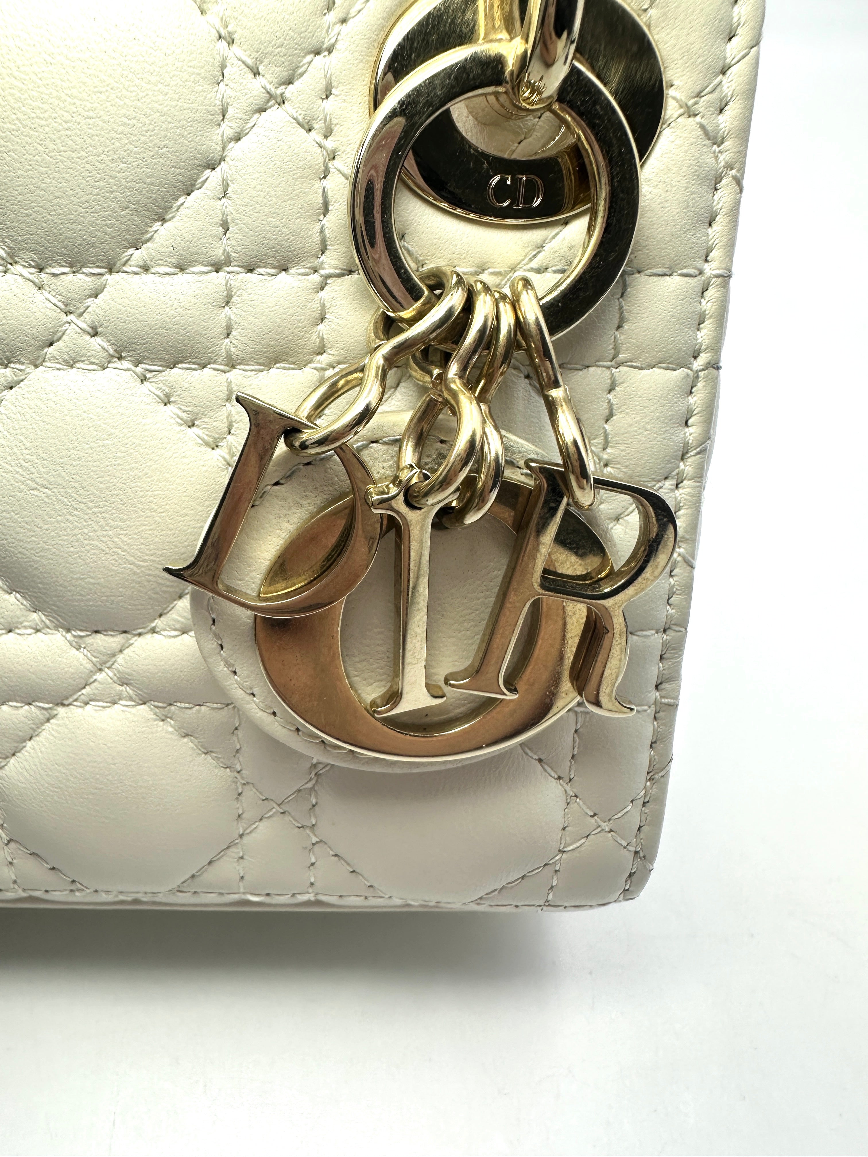 Christian Dior Lady Dior White Cannage Lambskin Leather Handle Bag With Gold Charms DR450