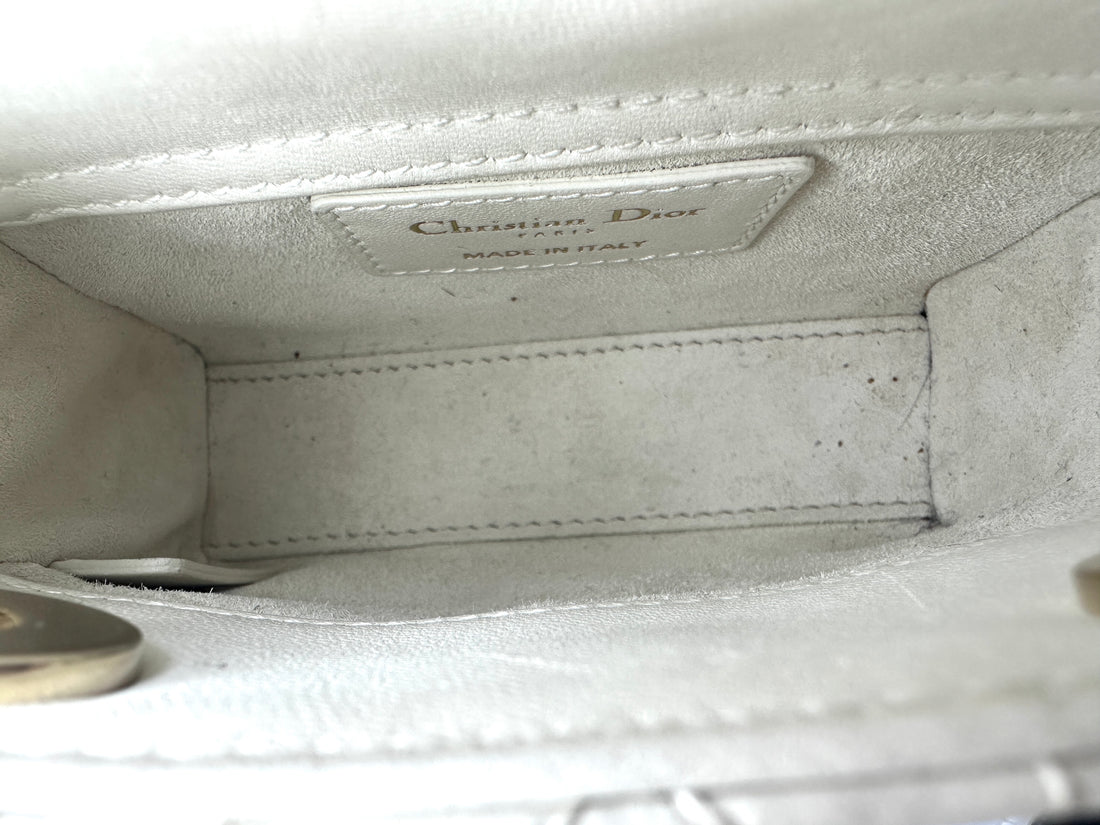 Christian Dior Lady Dior White Cannage Lambskin Leather Handle Bag With Gold Charms DR450