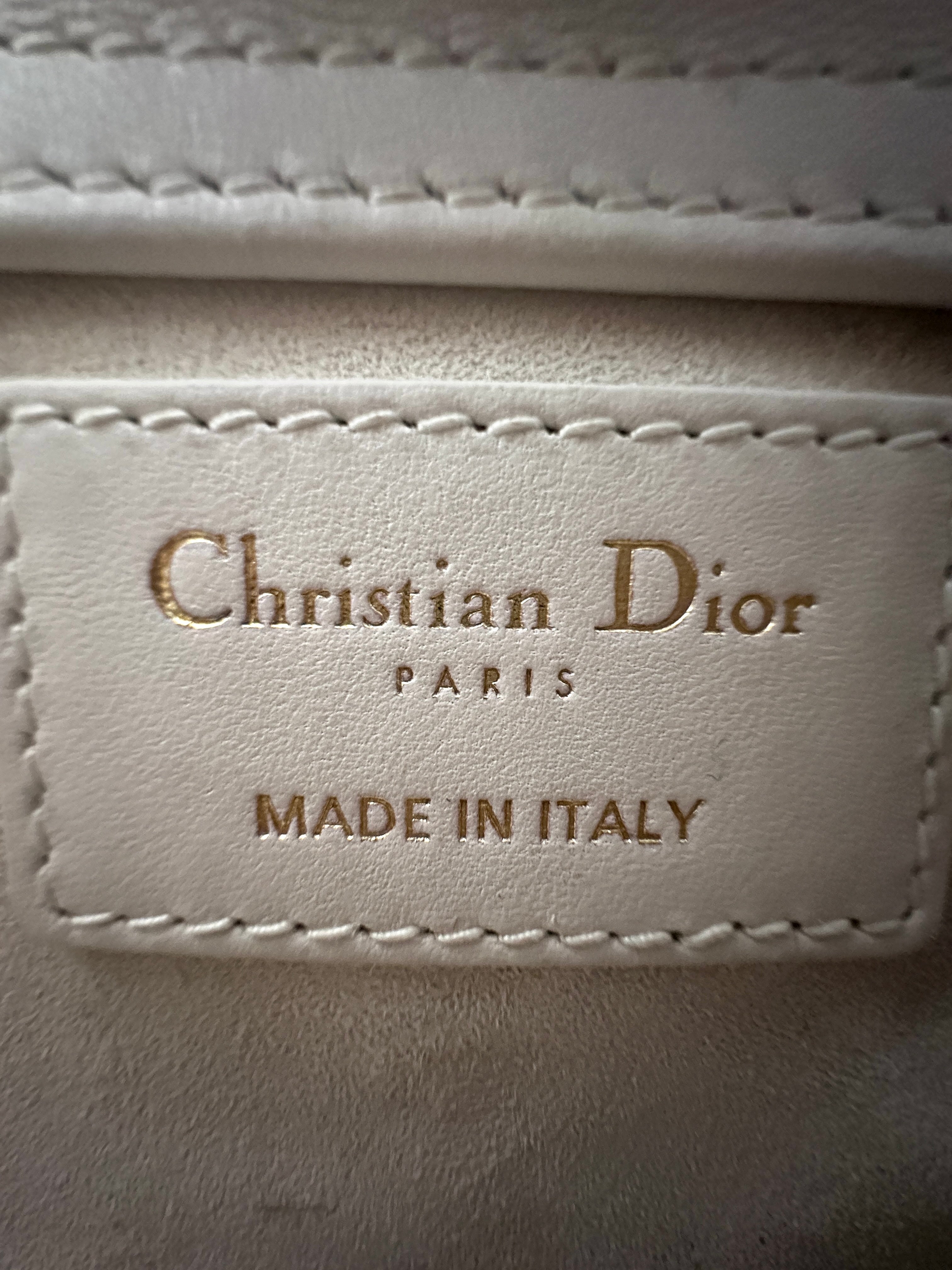 Christian Dior Lady Dior White Cannage Lambskin Leather Handle Bag With Gold Charms DR450
