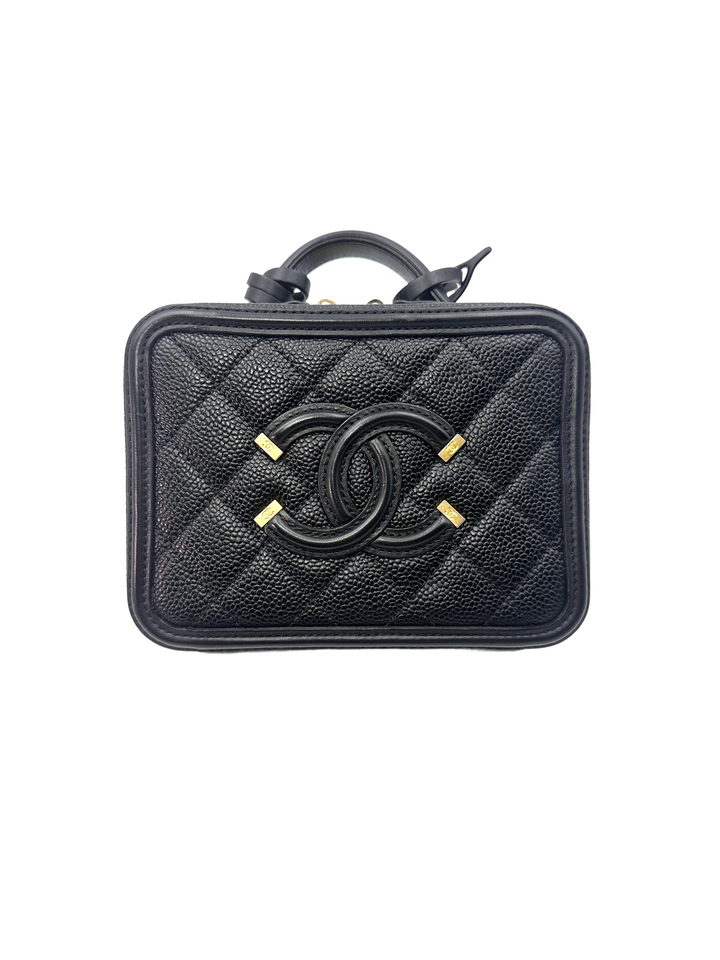 Chanel CC Filigree Black Caviar Calfskin Leather Vanity Case With Gold Hardware(26***10) C1274