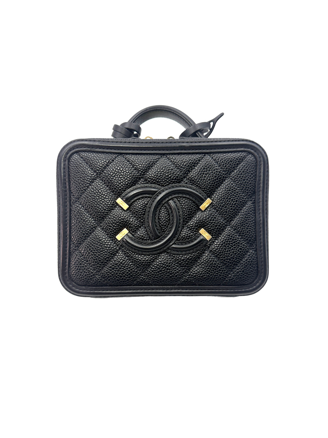 Chanel CC Filigree Black Caviar Calfskin Leather Vanity Case With Gold Hardware(26***10) C1274