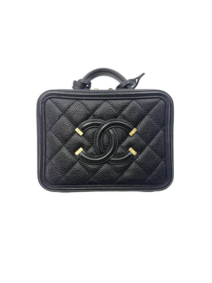 Chanel CC Filigree Black Caviar Calfskin Leather Vanity Case With Gold Hardware(26***10) C1274