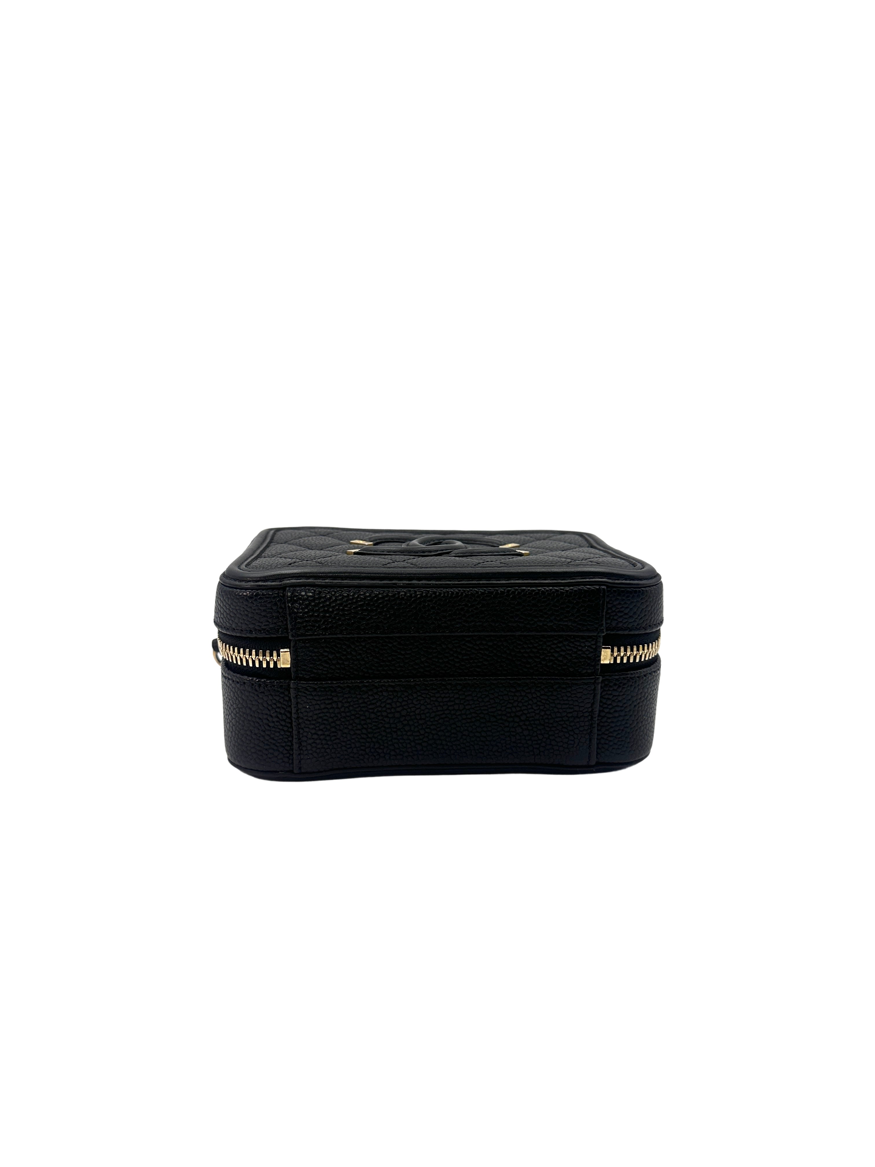 Chanel CC Filigree Black Caviar Calfskin Leather Vanity Case With Gold Hardware(26***10) C1274