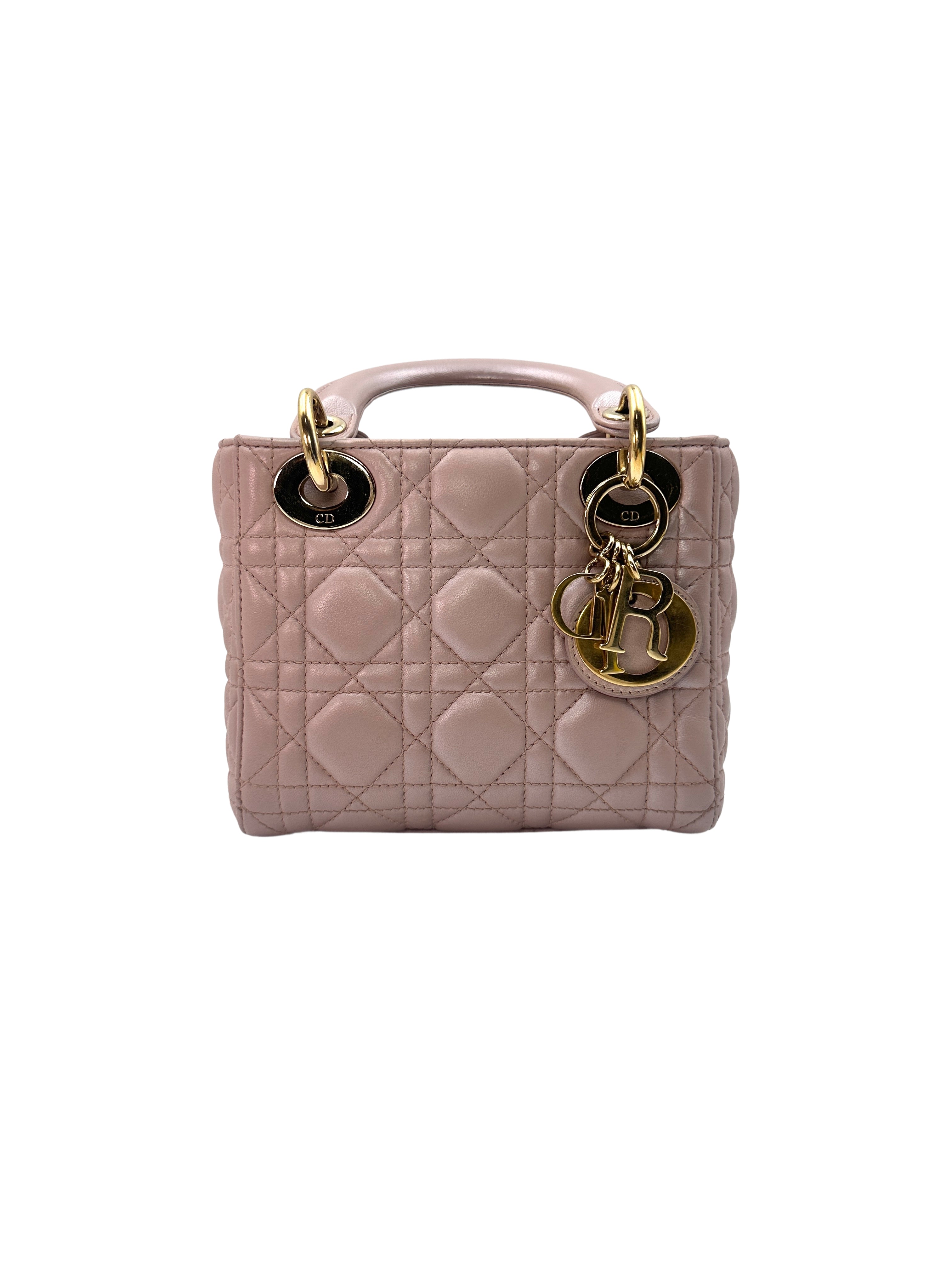 Christian Dior Lady Dior Pink Cannage Lambskin Leather Handle Bag With Gold Charms DR452