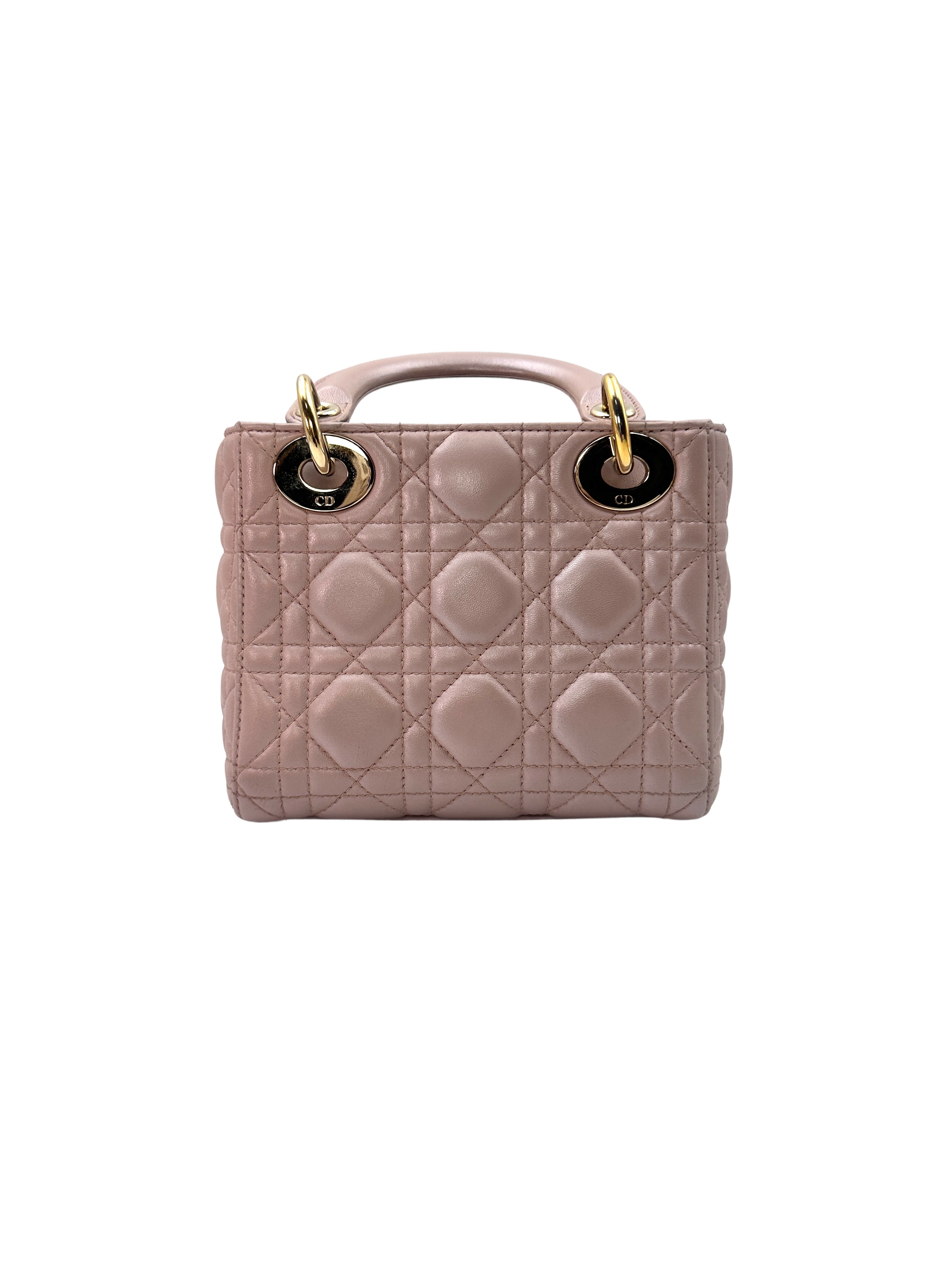 Christian Dior Lady Dior Pink Cannage Lambskin Leather Handle Bag With Gold Charms DR452
