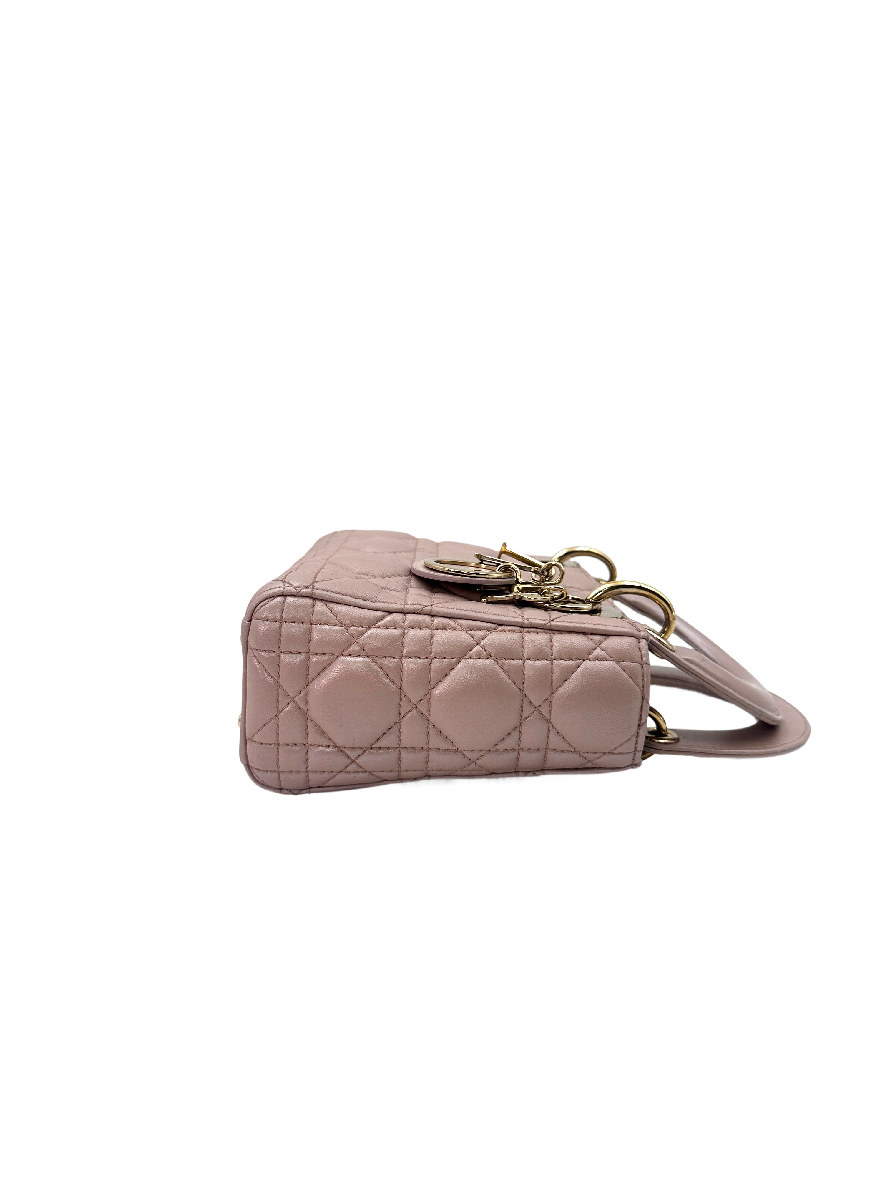 Christian Dior Lady Dior Pink Cannage Lambskin Leather Handle Bag With Gold Charms DR452