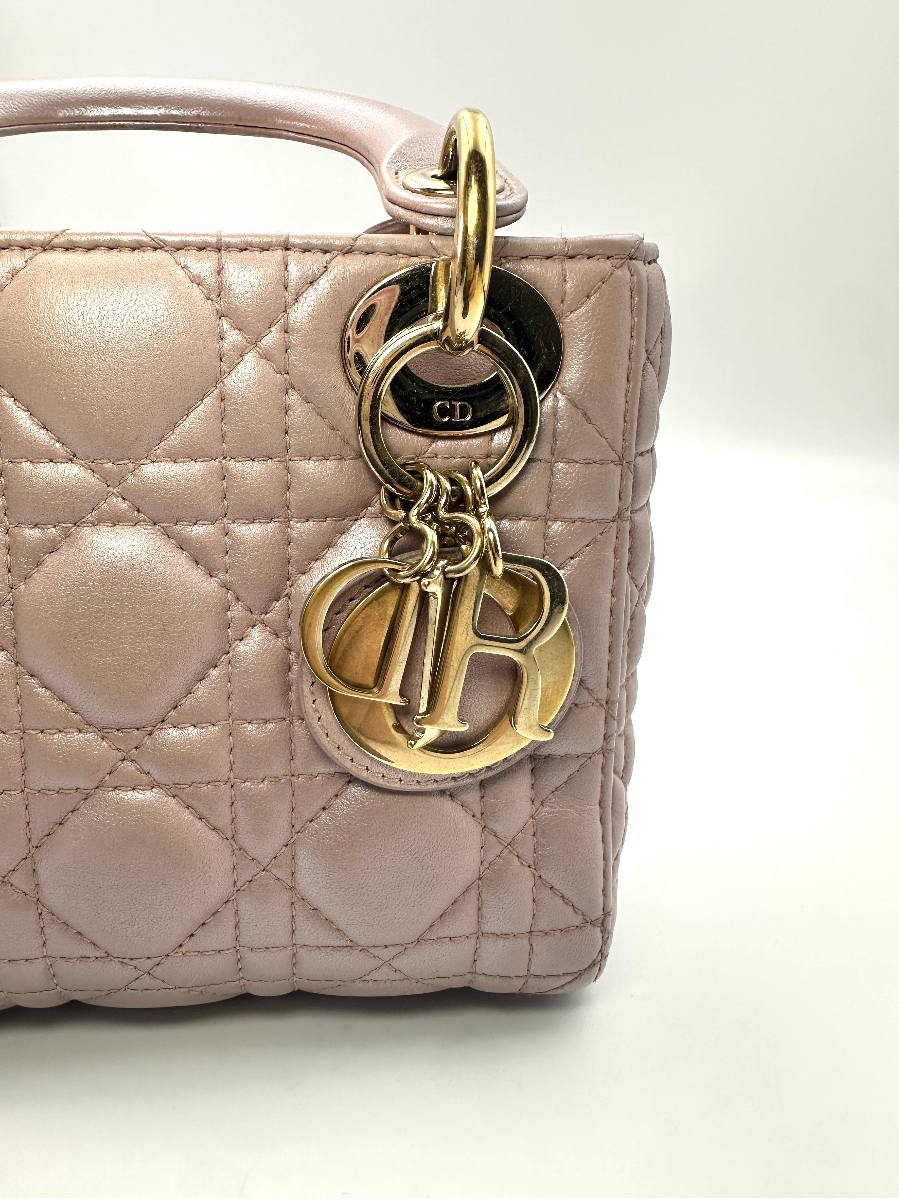 Christian Dior Lady Dior Pink Cannage Lambskin Leather Handle Bag With Gold Charms DR452