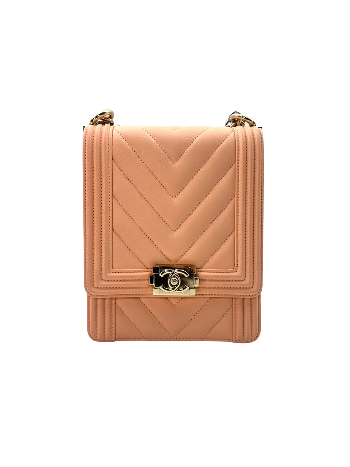 Chanel North South LeBoy Pink Chevron Quilted Leather Shoulder Bag With Gold Buckle(29***20) CC1272