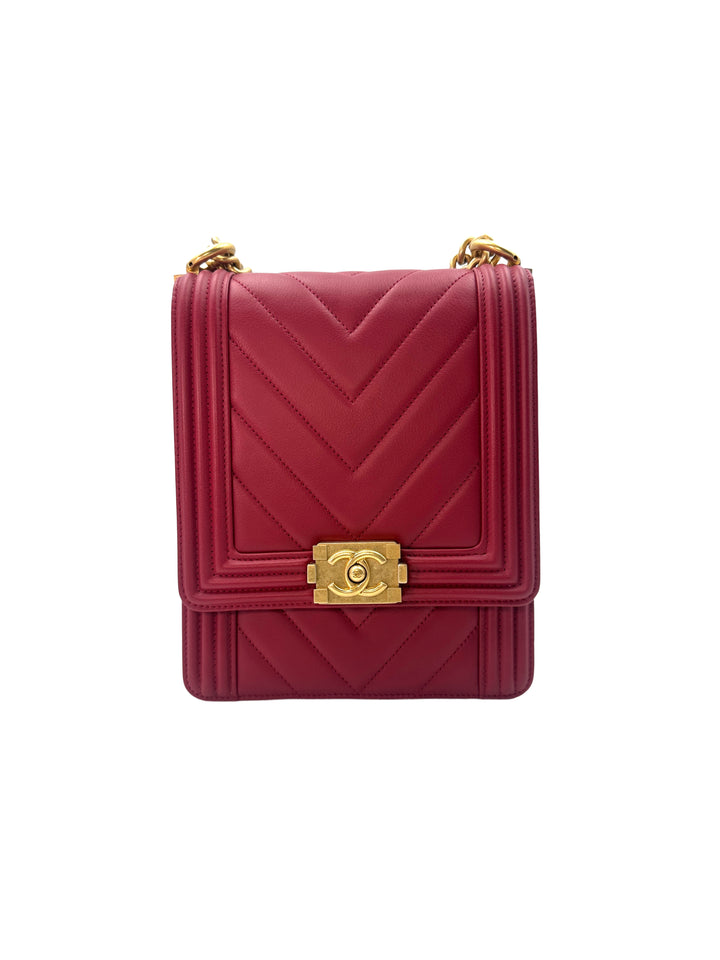 Chanel North South LeBoy Red Chevron Quilted Leather Shoulder Bag With Gold Buckle(29***42) CC1268