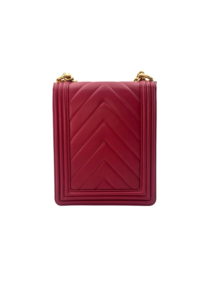 Chanel North South LeBoy Red Chevron Quilted Leather Shoulder Bag With Gold Buckle(29***42) CC1268