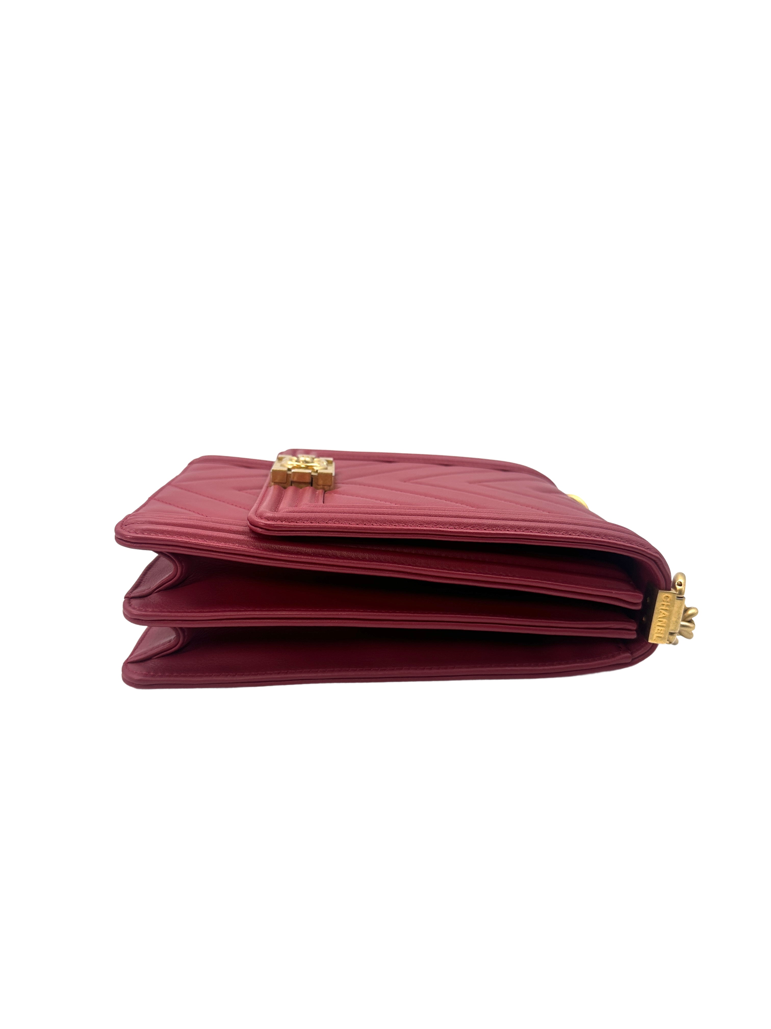 Chanel North South LeBoy Red Chevron Quilted Leather Shoulder Bag With Gold Buckle(29***42) CC1268