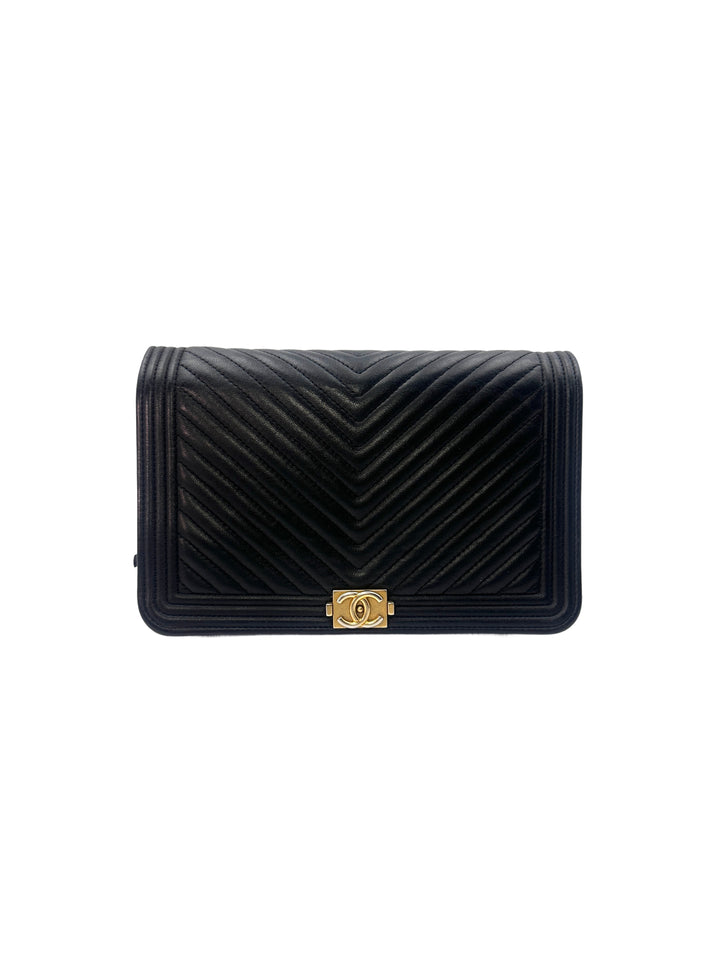 Chanel LeBoy Black Chevron Leather Flap Bag With Gold Buckle(28***68) CC1279