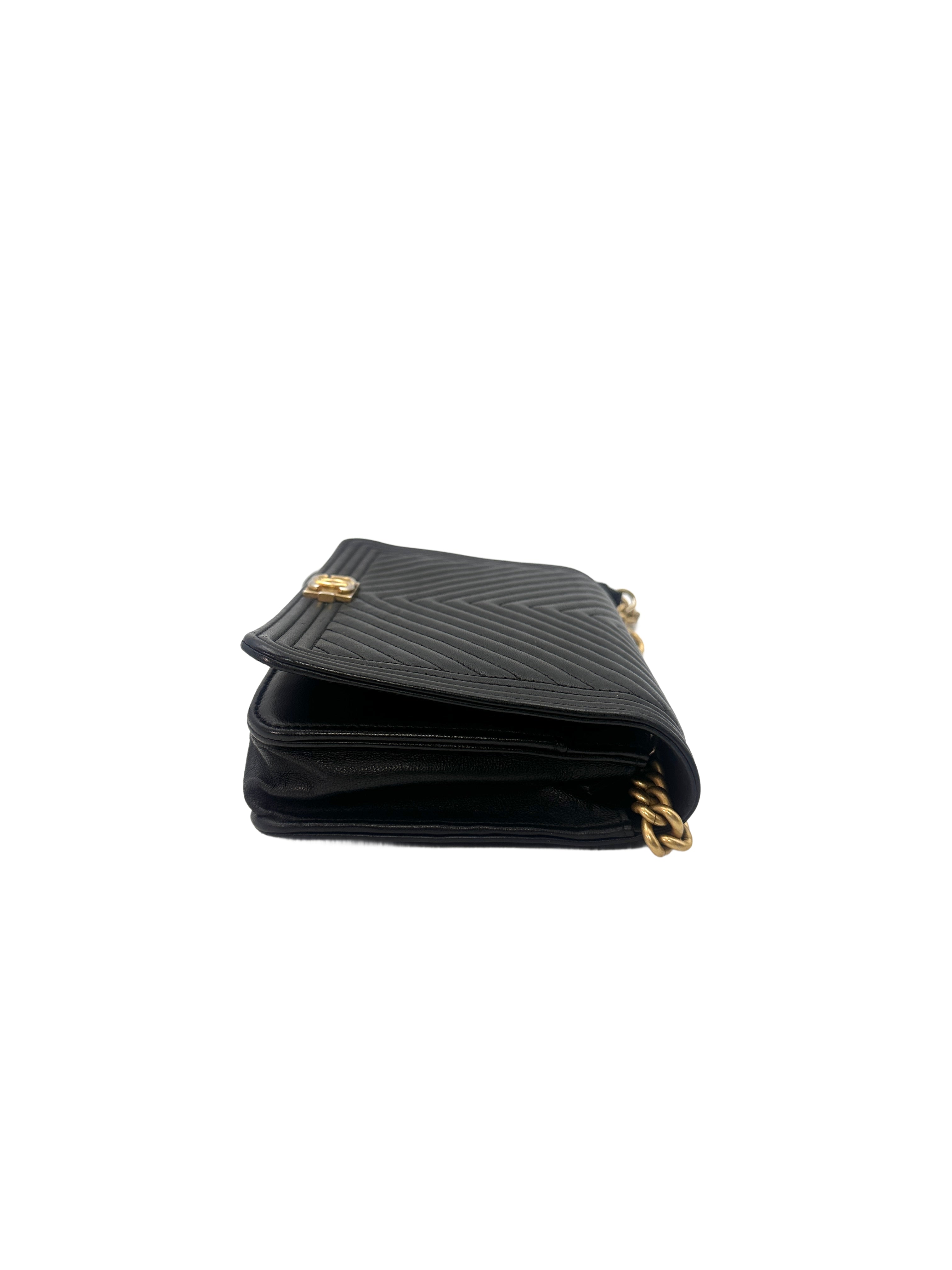 Chanel LeBoy Black Chevron Leather Flap Bag With Gold Buckle(28***68) CC1279