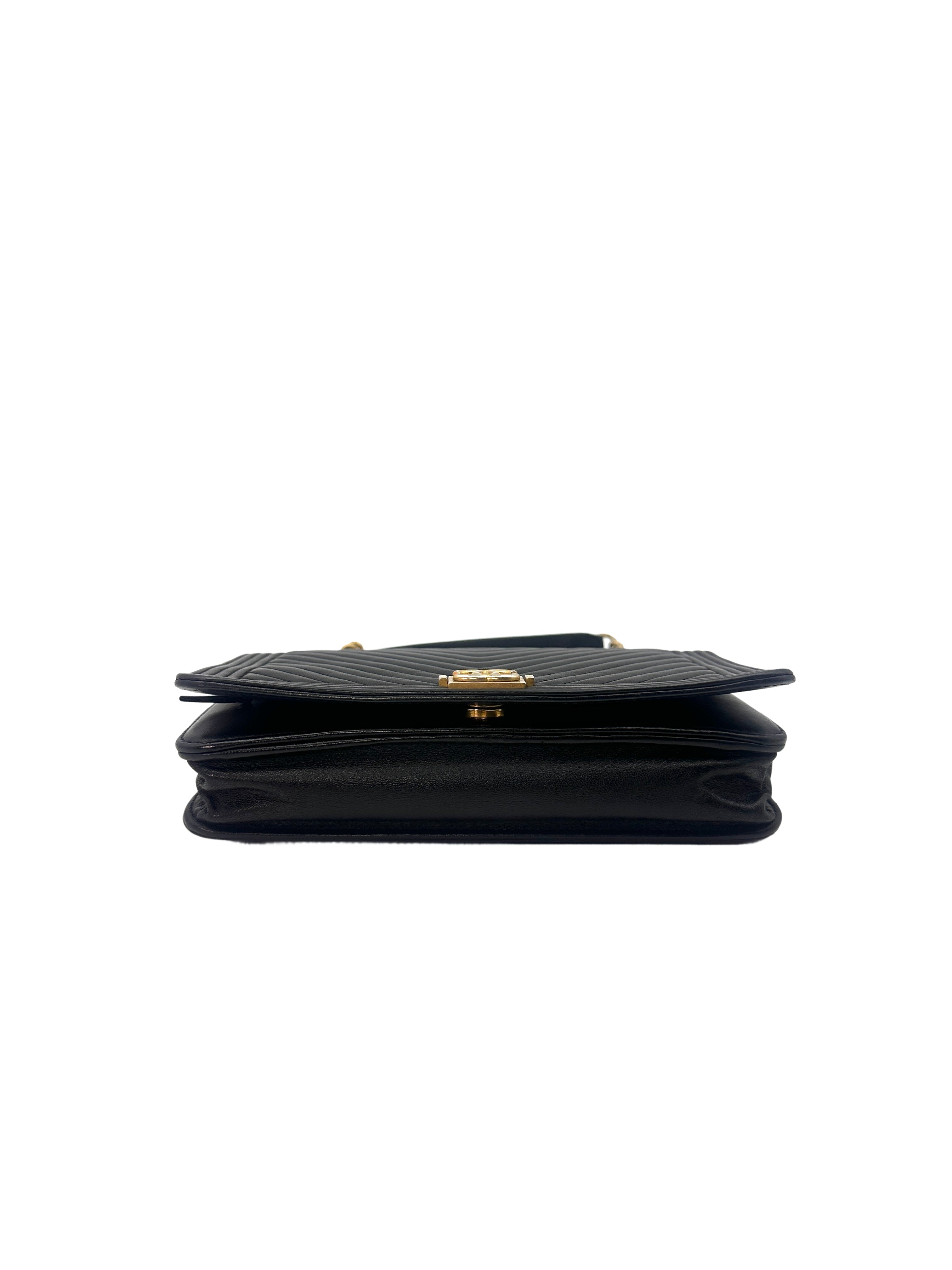 Chanel LeBoy Black Chevron Leather Flap Bag With Gold Buckle(28***68) CC1279