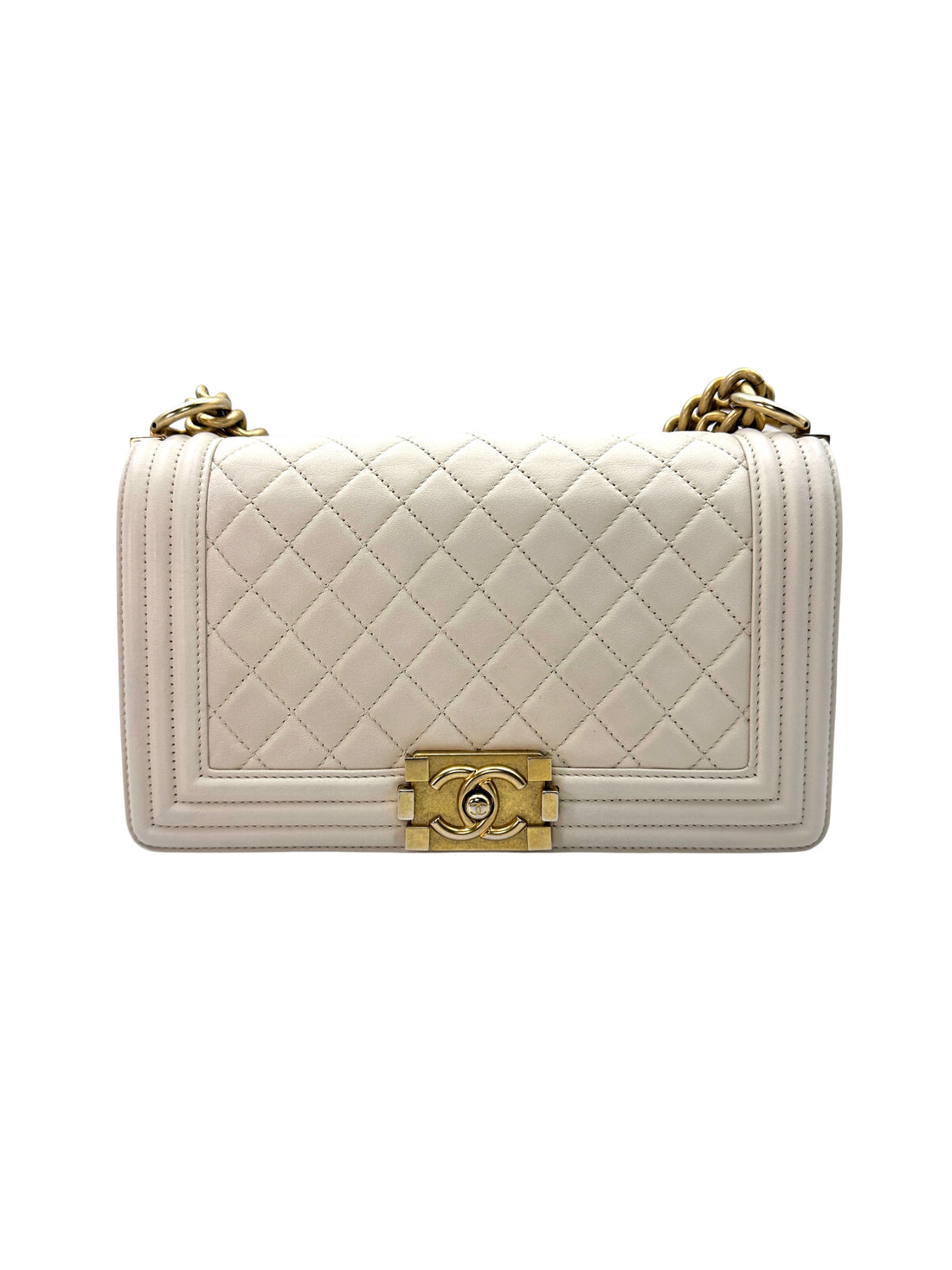 Chanel LeBoy White Quilted Lambskin Leather Medium Size Flap Bag With Gold Buckle(30***77) CC1296