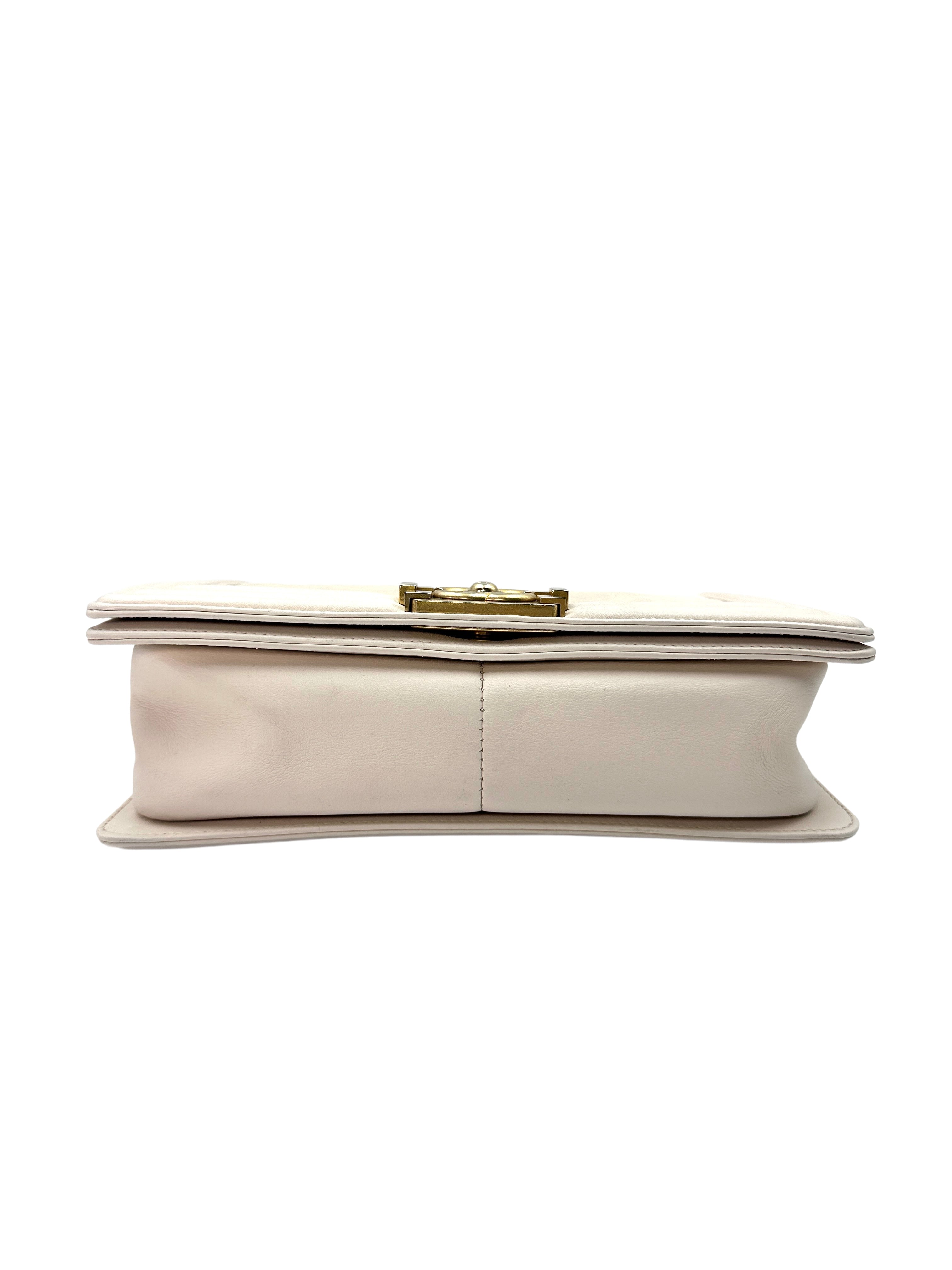 Chanel LeBoy White Quilted Lambskin Leather Medium Size Flap Bag With Gold Buckle(30***77) CC1296