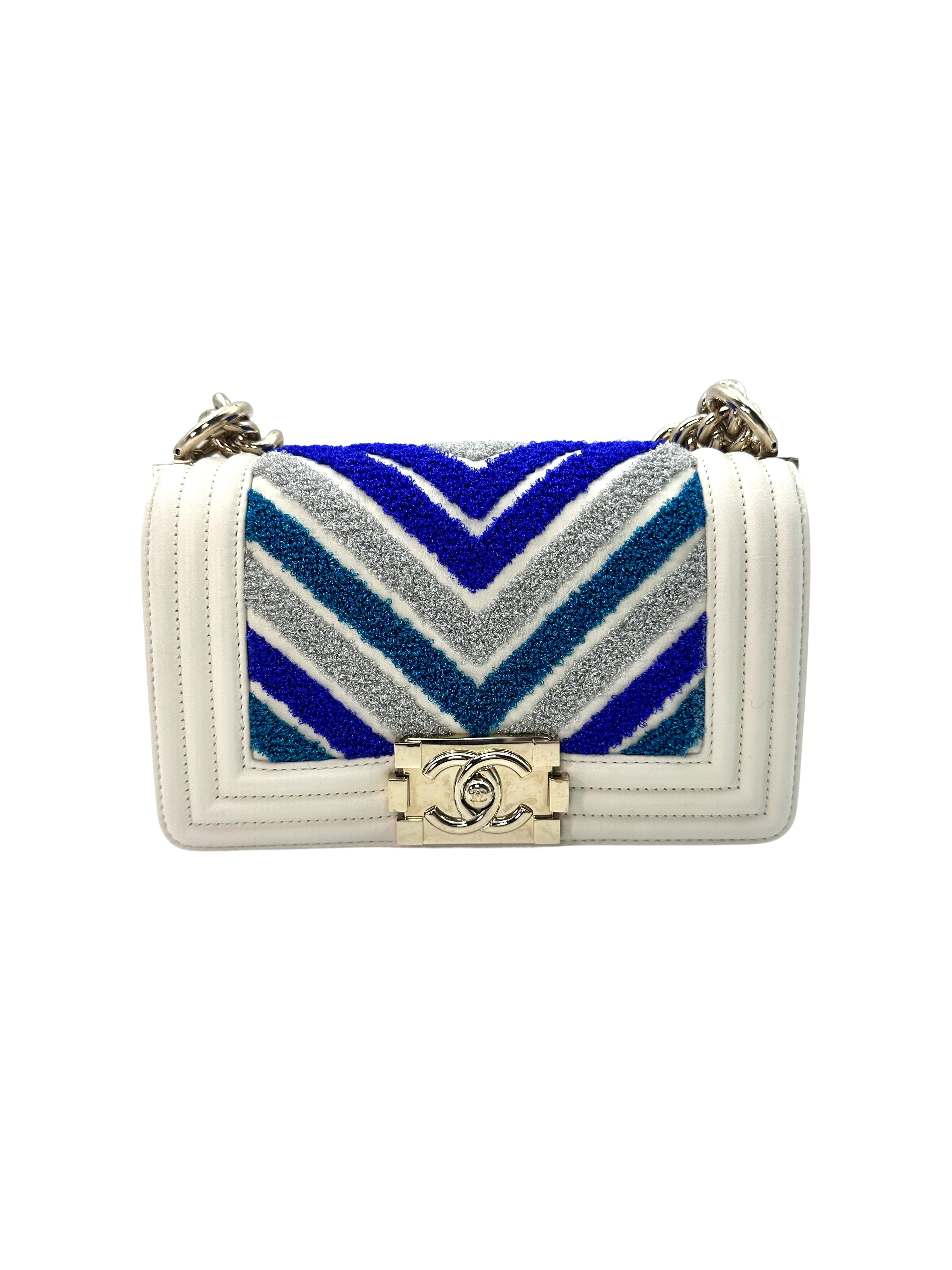 Chanel LeBoy Blue/Silver Chevron Embroidered White Calfskin Leather Flap Bag(27***76) CC1300