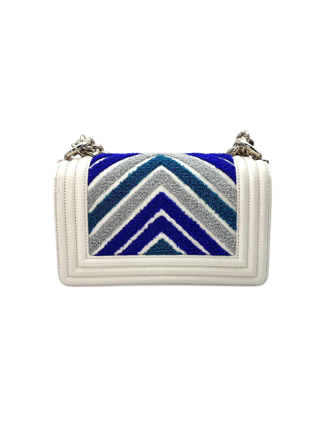 Chanel LeBoy Blue/Silver Chevron Embroidered White Calfskin Leather Flap Bag(27***76) CC1300